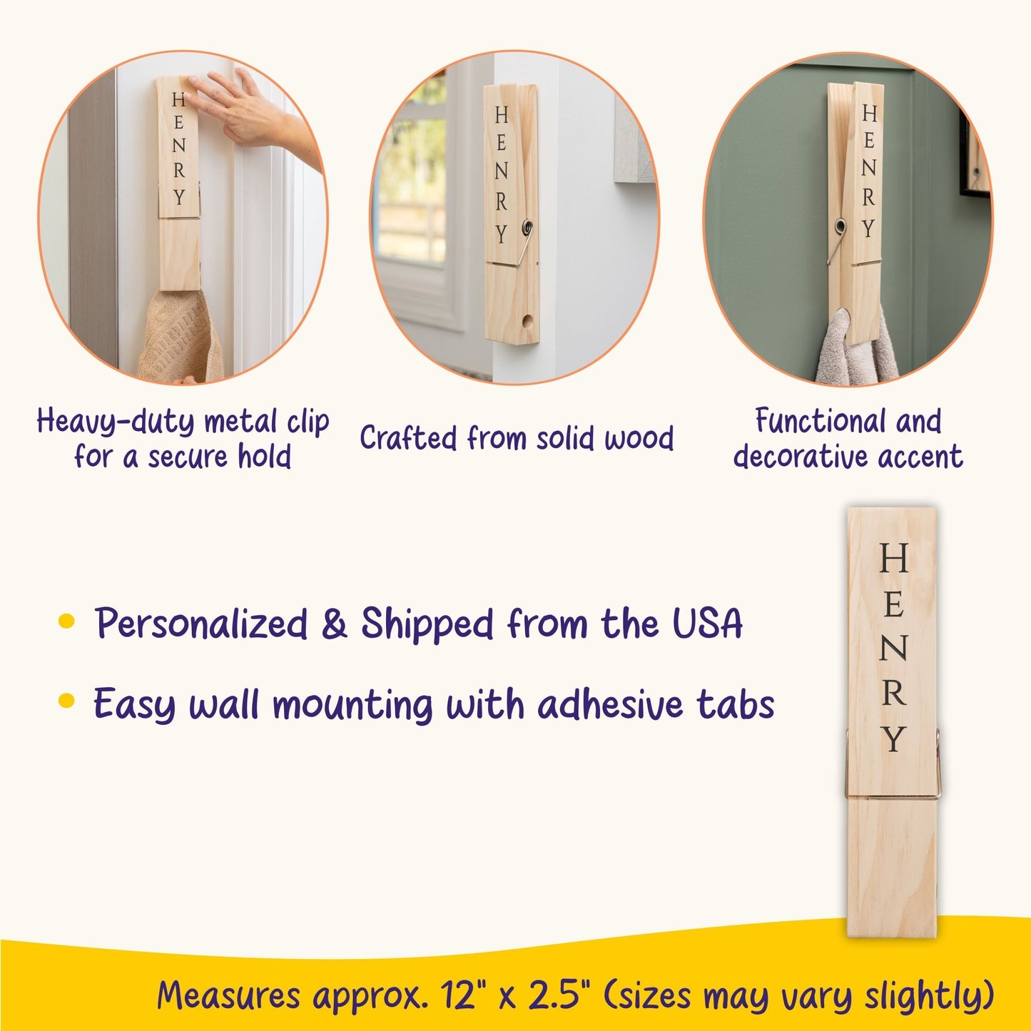 Personalized Jumbo Giant Clothespin Towel Holder, Rustic Farmhouse Wall Decor, 12" Large Clothespin for Bathroom & Laundry Room Accessories - Apparel & Accessories - Aylev
