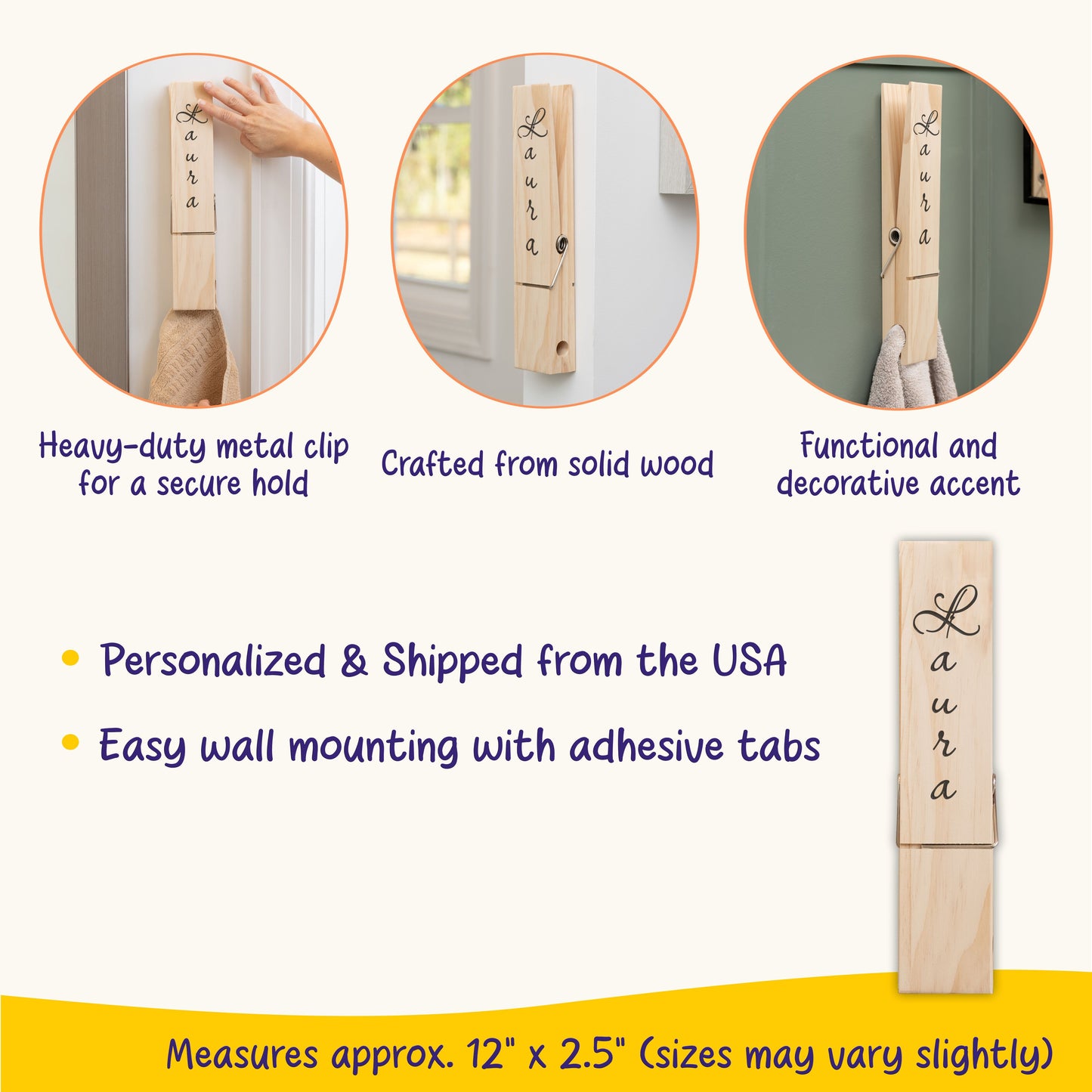 Personalized Jumbo Giant Clothespin Towel Holder, Rustic Farmhouse Wall Decor, 12" Large Clothespin for Bathroom & Laundry Room Accessories