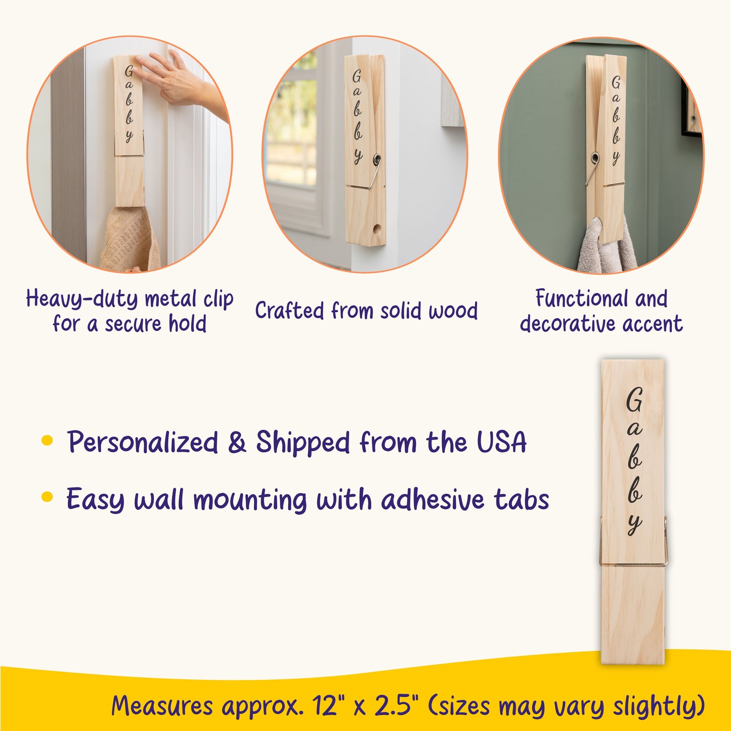 Personalized Jumbo Giant Clothespin Towel Holder, Rustic Farmhouse Wall Decor, 12" Large Clothespin for Bathroom & Laundry Room Accessories