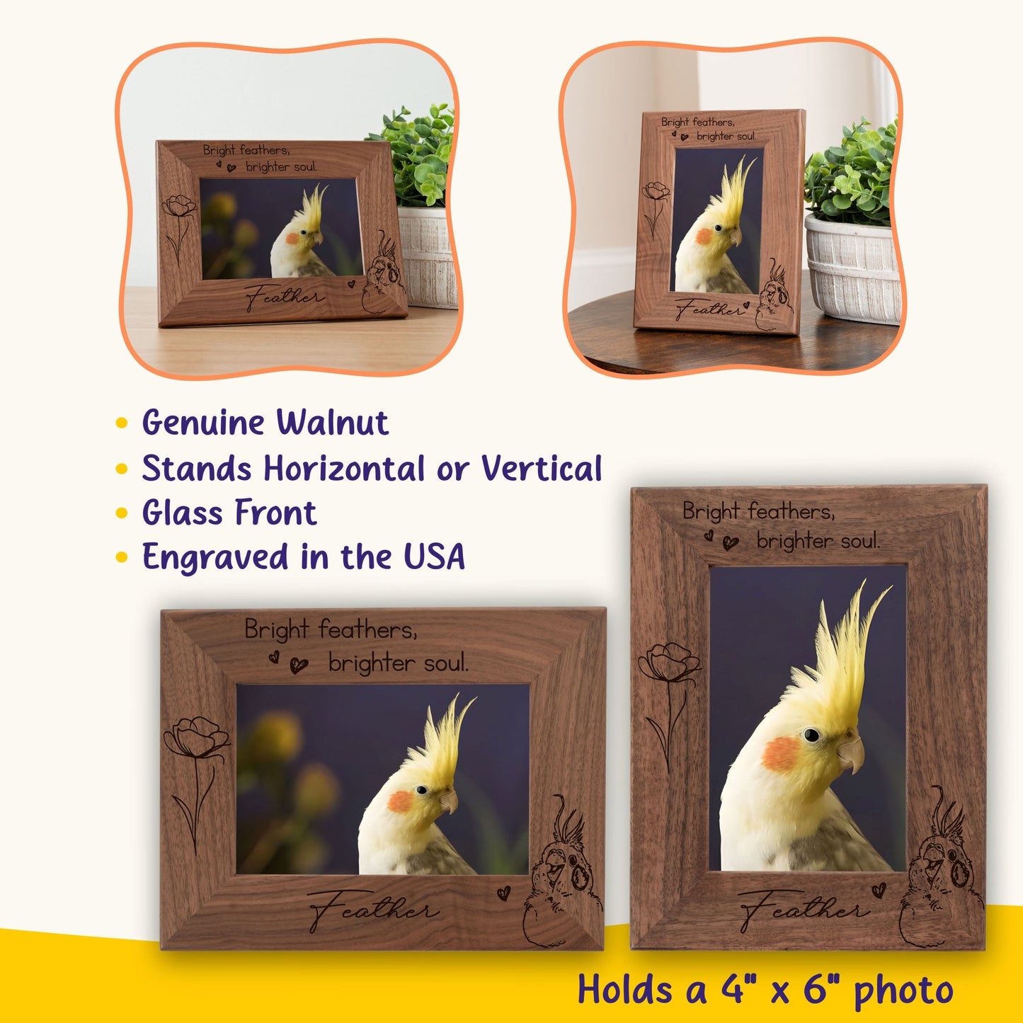 Personalized Bird Picture Frame, Genuine Walnut Bird Photo Frame 4x6, Bird Picture Wall Decor, Bird Memorial Gift, Bird Loss Gifts - Apparel & Accessories - Aylev