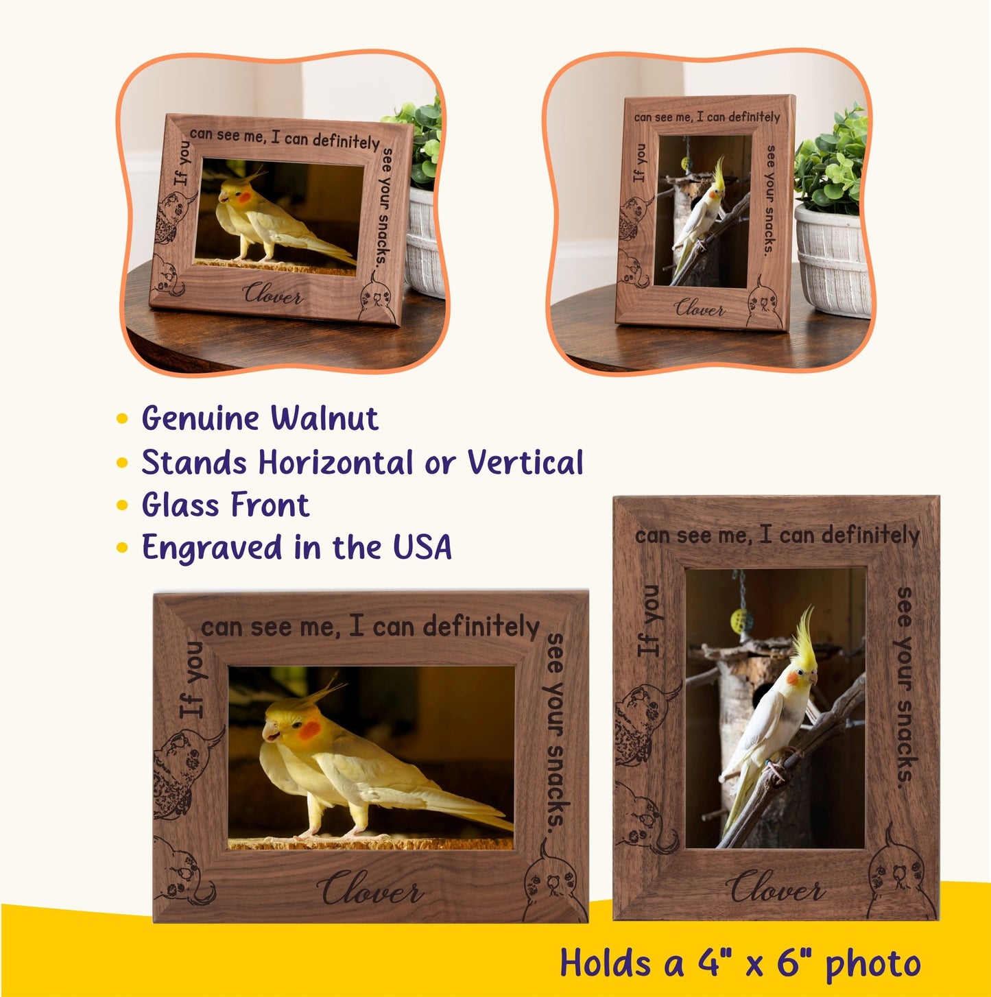 Personalized Bird Picture Frame, Genuine Walnut Bird Photo Frame 4x6, Bird Picture Wall Decor, Bird Memorial Gift, Bird Loss Gifts - Apparel & Accessories - Aylev
