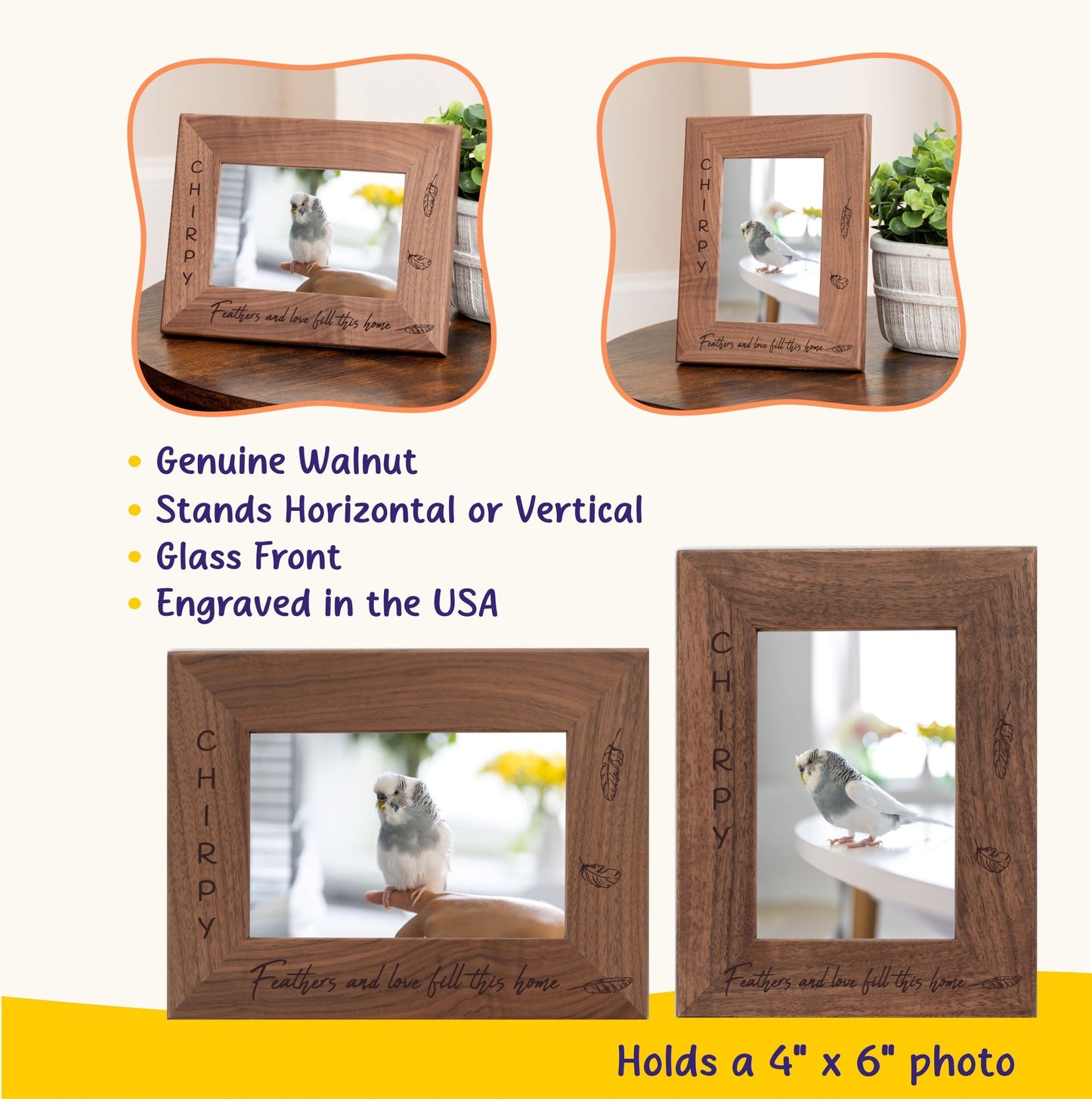 Personalized Bird Picture Frame, Genuine Walnut Bird Photo Frame 4x6, Bird Picture Wall Decor, Bird Memorial Gift, Bird Loss Gifts - Apparel & Accessories - Aylev