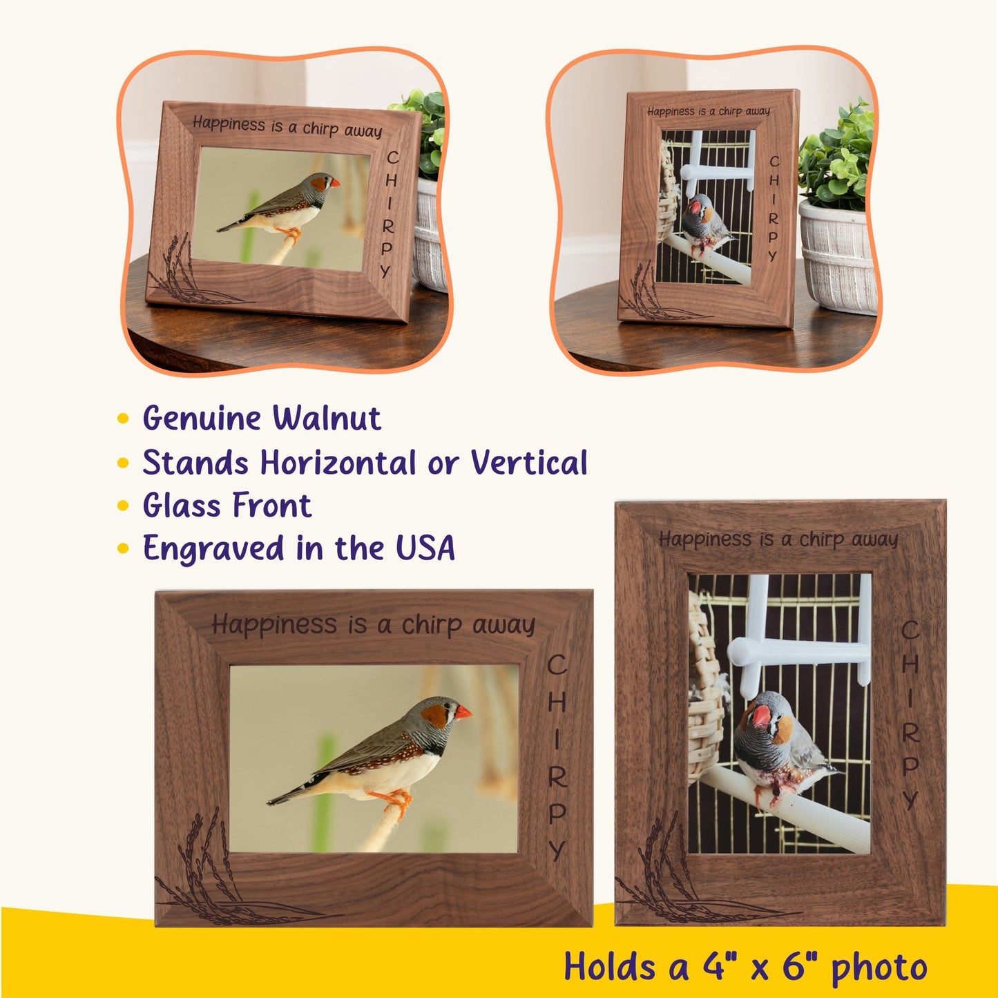 Personalized Bird Picture Frame, Genuine Walnut Bird Photo Frame 4x6, Bird Picture Wall Decor, Bird Memorial Gift, Bird Loss Gifts - Apparel & Accessories - Aylev