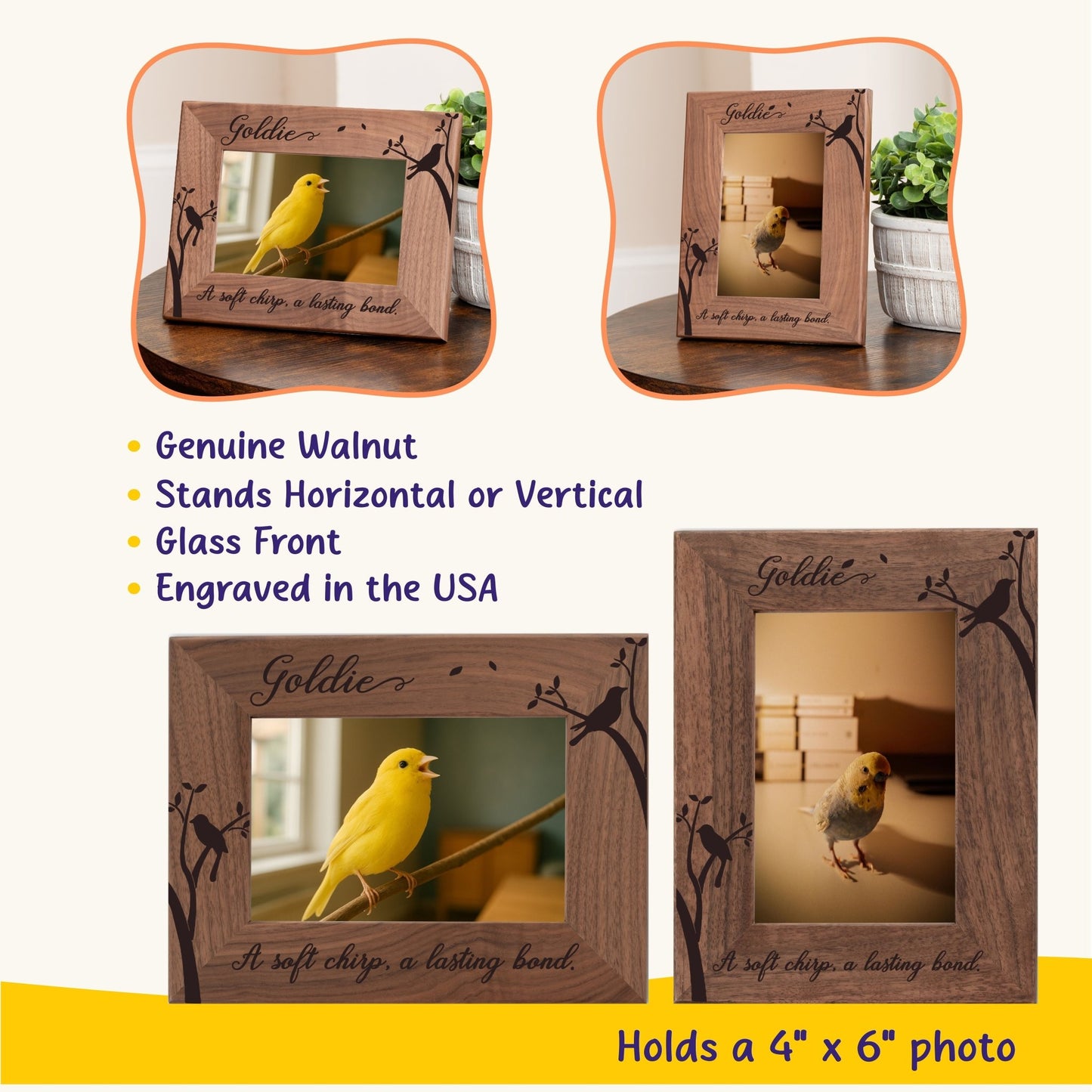 Personalized Bird Picture Frame, Genuine Walnut Bird Photo Frame 4x6, Bird Picture Wall Decor, Bird Memorial Gift, Bird Loss Gifts - Apparel & Accessories - Aylev