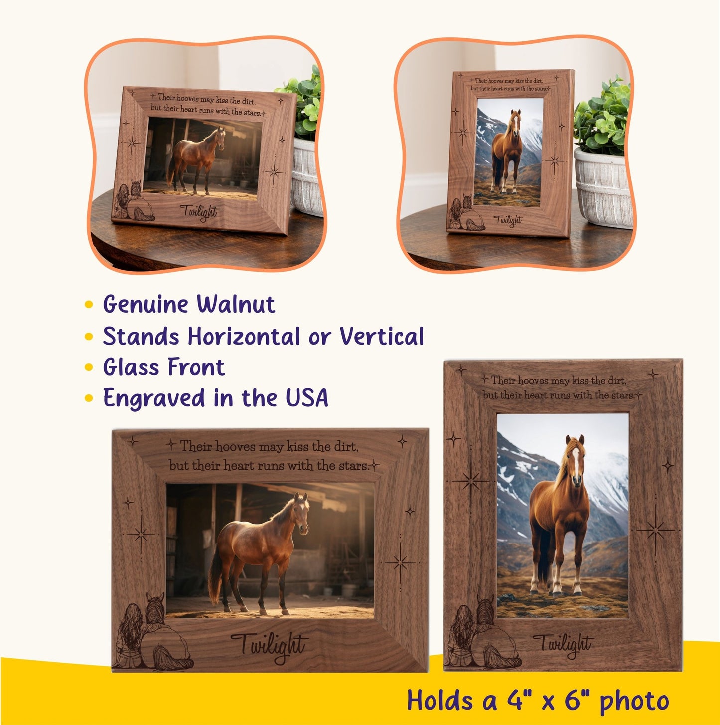 Personalized Horse Picture Frame, Genuine Walnut Horse Photo Frame 4x6, Horse Picture Wall Decor, Horse Memorial Gift, Horse Loss Gifts - Apparel & Accessories - Aylev