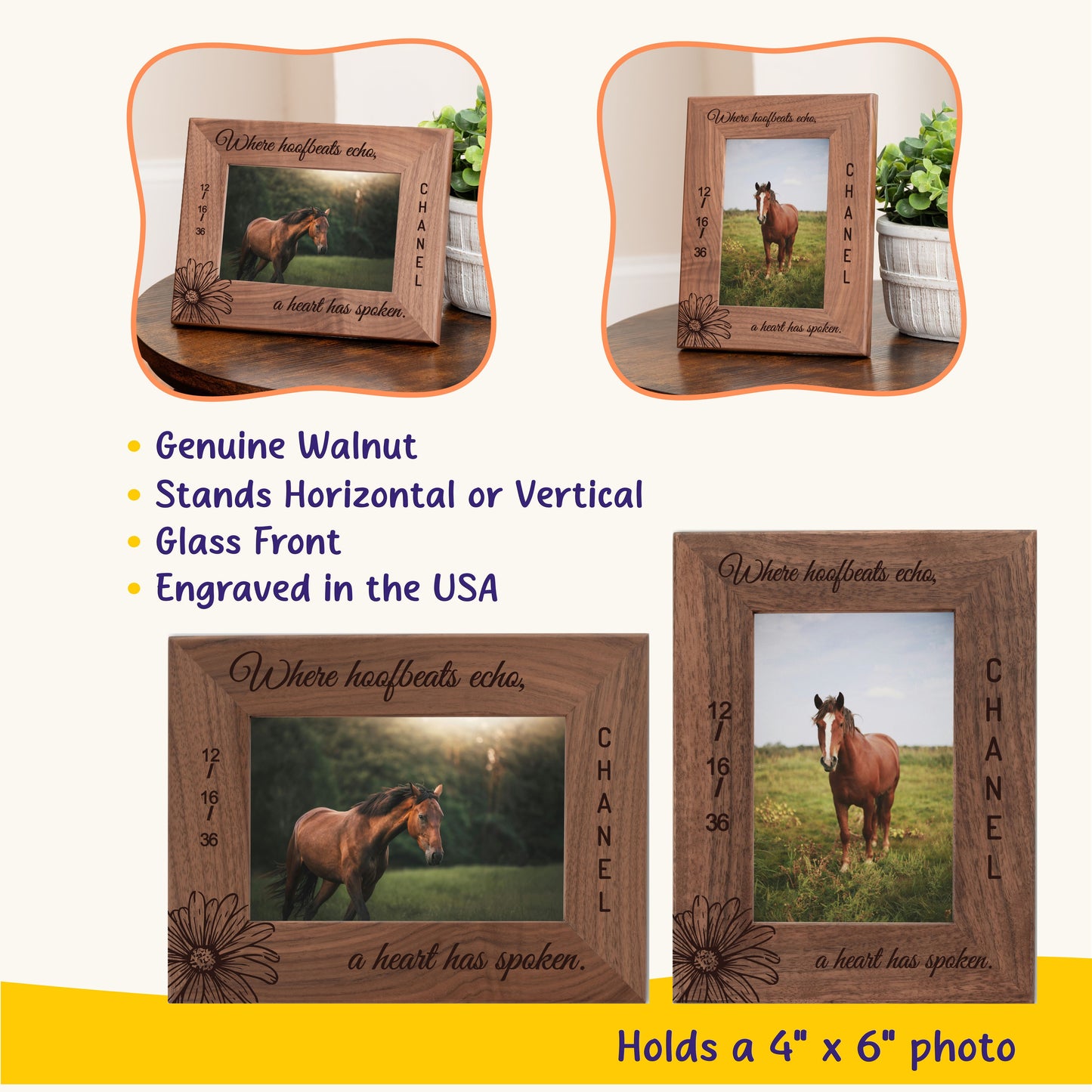 Personalized Horse Picture Frame, Genuine Walnut Horse Photo Frame 4x6, Horse Picture Wall Decor, Horse Memorial Gift, Horse Loss Gifts - Aylev