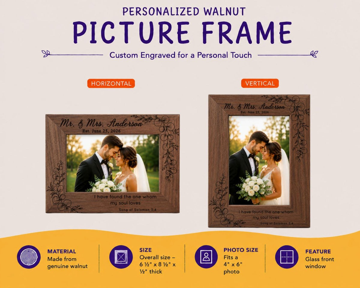 Personalized Wedding Photo Frame, Custom Engraved Genuine Walnut 4x6 Picture Frame, Family Keepsake, Wedding Gift for Couple - Apparel & Accessories - Aylev