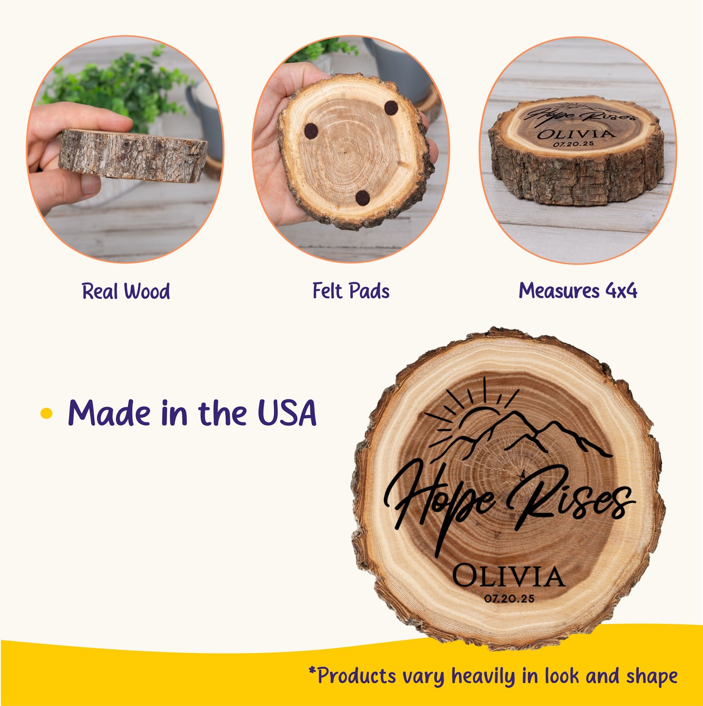 Personalized Wood Coaster Set, Create Your Own Custom Engraved Design with a Designer, Real Wood Coasters, Made in The USA, Keepsake Gift