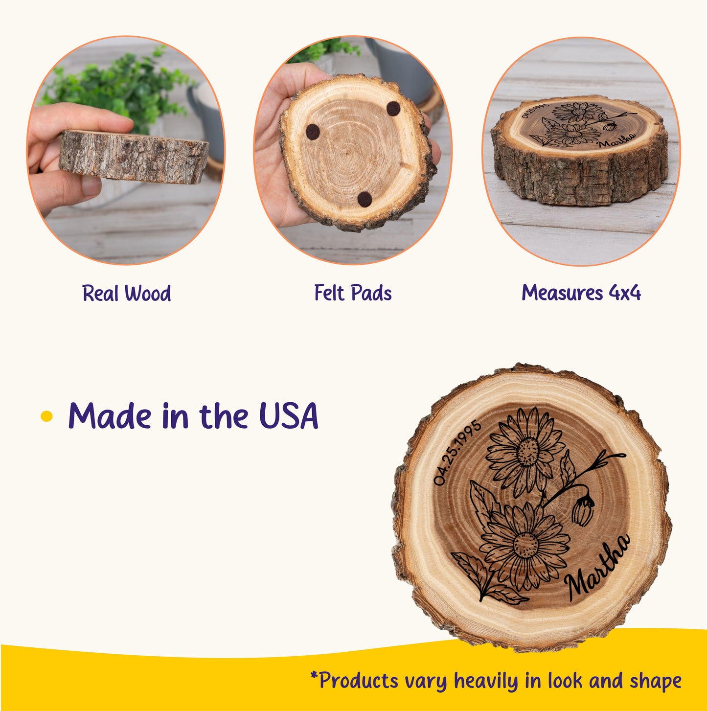 Personalized Birth Flower April Coaster, Real Wood Birth Month Flower Gift, Made in USA Birthday Gift for Her, Girlfriend, Wife, or Mom