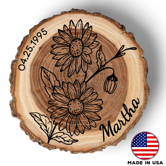 Personalized Birth Flower April Coaster, Real Wood Birth Month Flower Gift, Made in USA Birthday Gift for Her, Girlfriend, Wife, or Mom