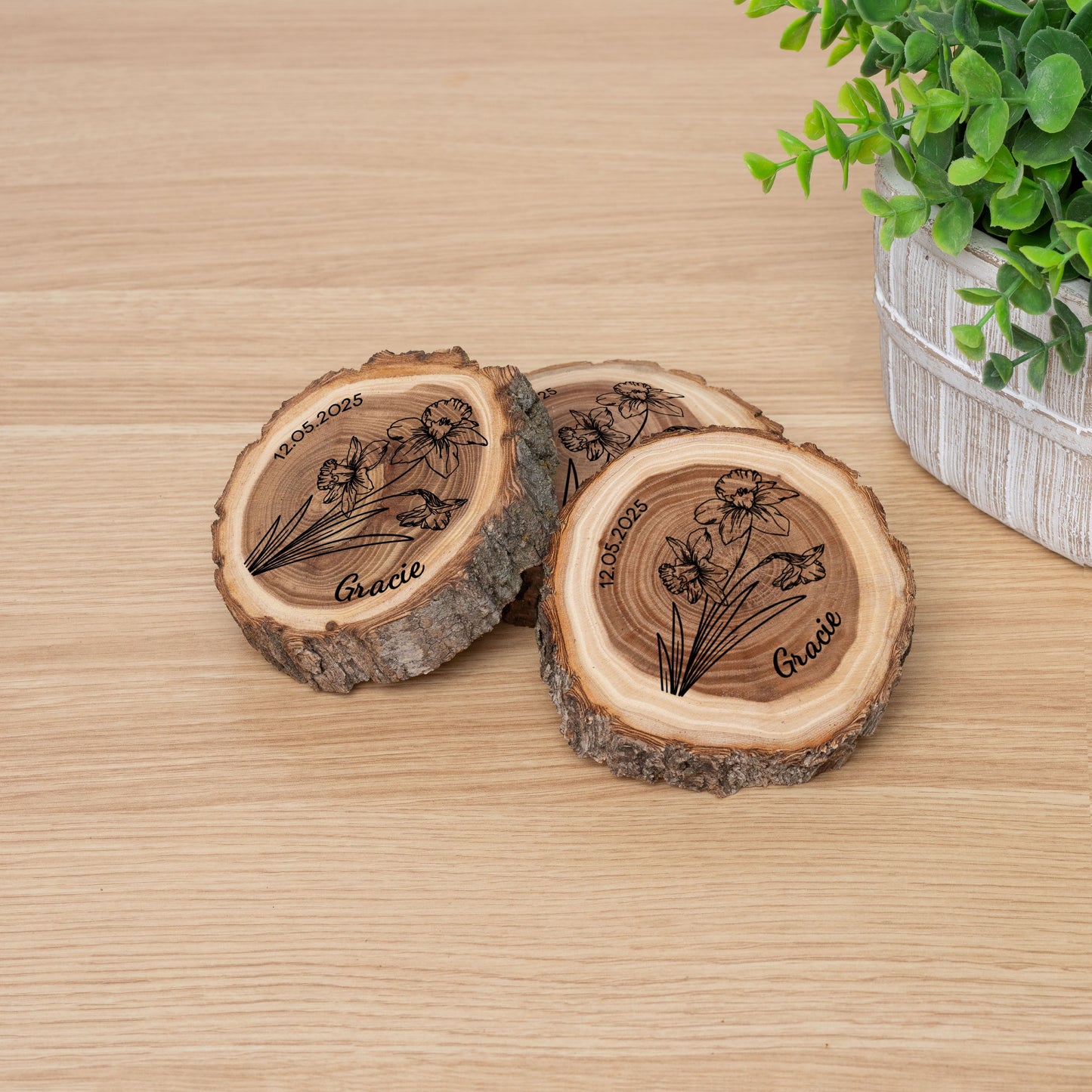 Personalized Birth Flower December Coaster, Real Wood Birth Month Flower Gift, Made in USA Birthday Gift for Her, Girlfriend, Wife, or Mom