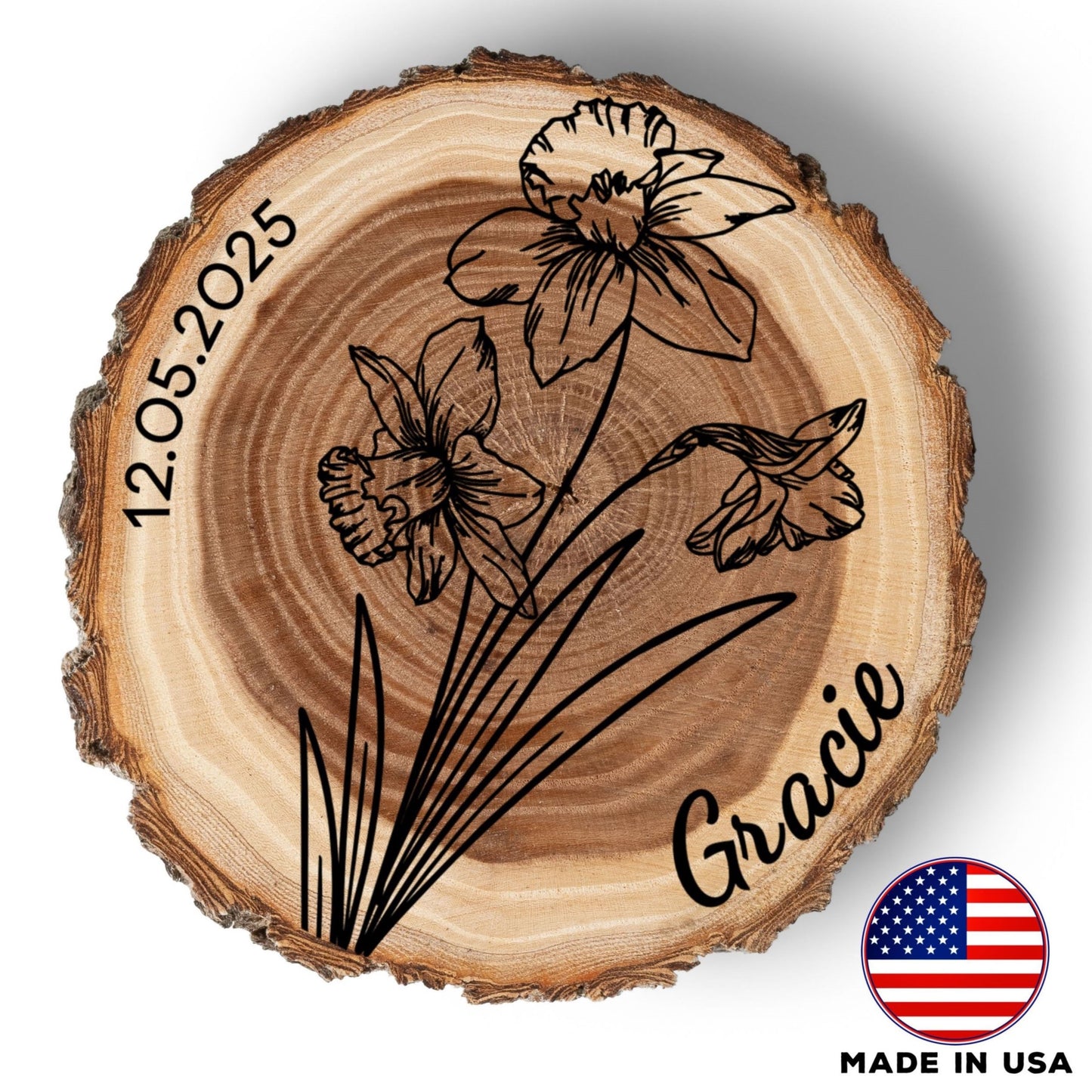 Personalized Birth Flower December Coaster, Real Wood Birth Month Flower Gift, Made in USA Birthday Gift for Her, Girlfriend, Wife, or Mom