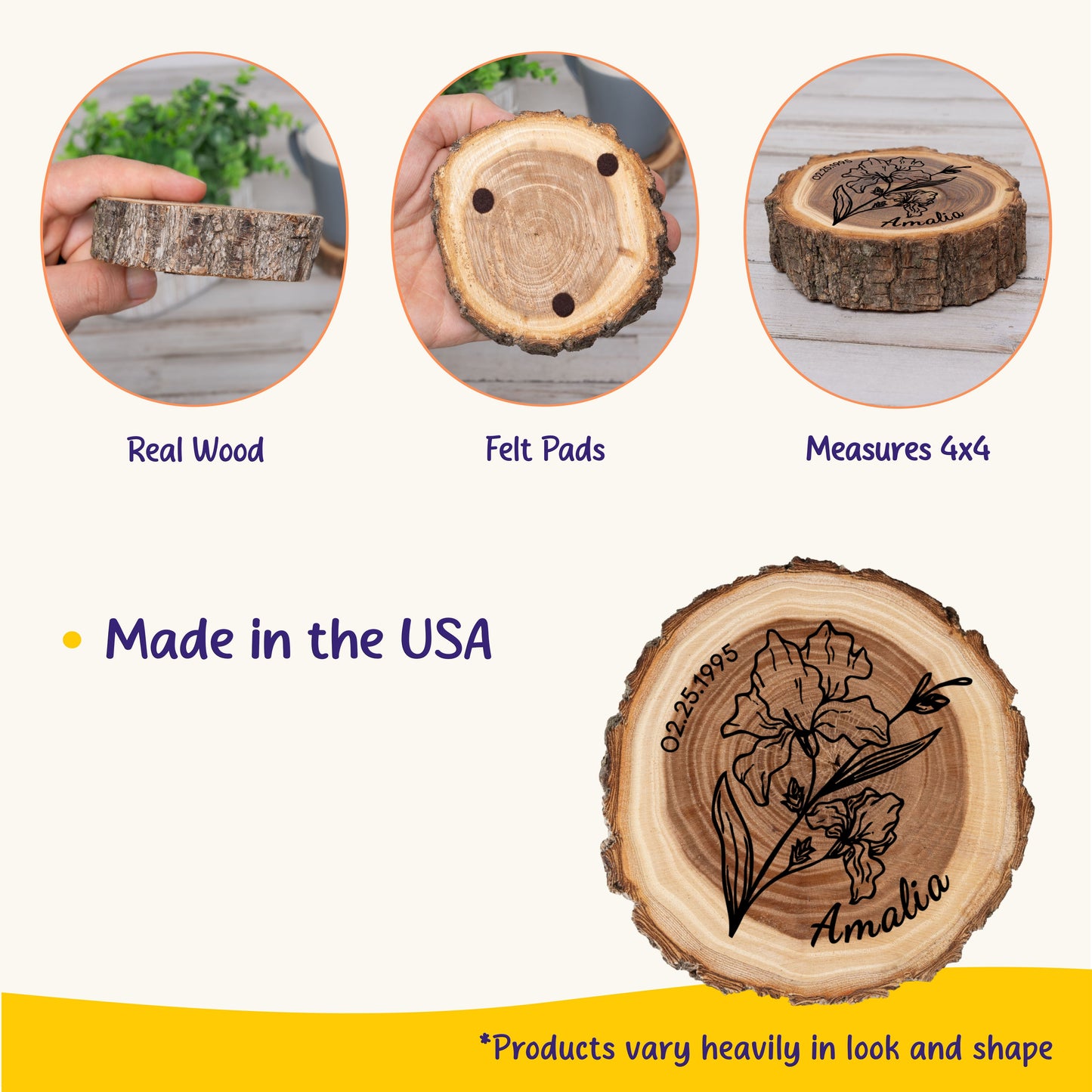 Personalized Birth Flower February Coaster, Real Wood Birth Month Flower Gift, Made in USA Birthday Gift for Her, Girlfriend, Wife, or Mom