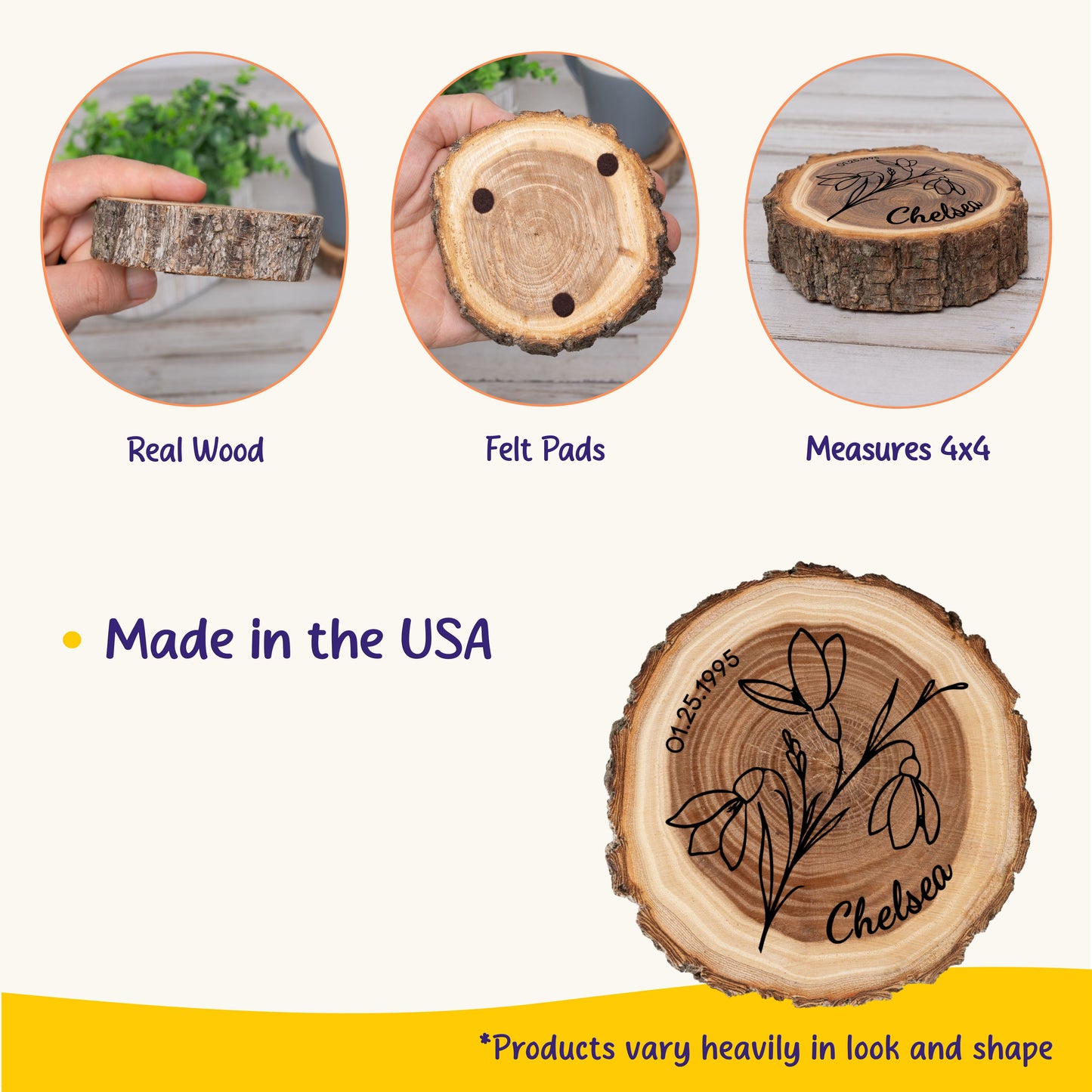 Personalized Birth Flower January Coaster, Real Wood Birth Month Flower Gift, Made in USA Birthday Gift for Her, Girlfriend, Wife, or Mom