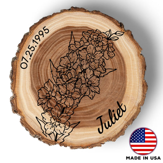 Personalized Birth Flower July Coaster, Real Wood Birth Month Flower Gift, Made in USA Birthday Gift for Her, Girlfriend, Wife, or Mom