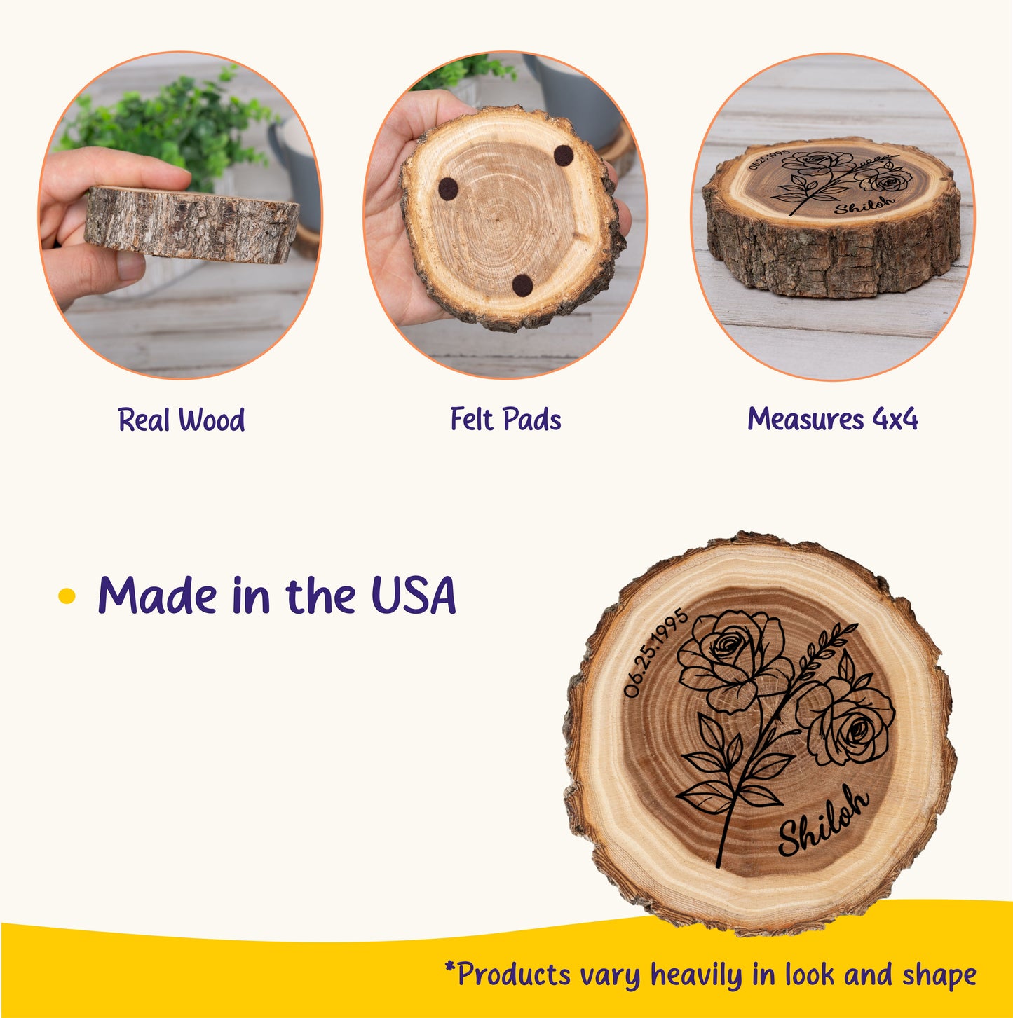 Personalized Birth Flower June Coaster, Real Wood Birth Month Flower Gift, Made in USA Birthday Gift for Her, Girlfriend, Wife, or Mom