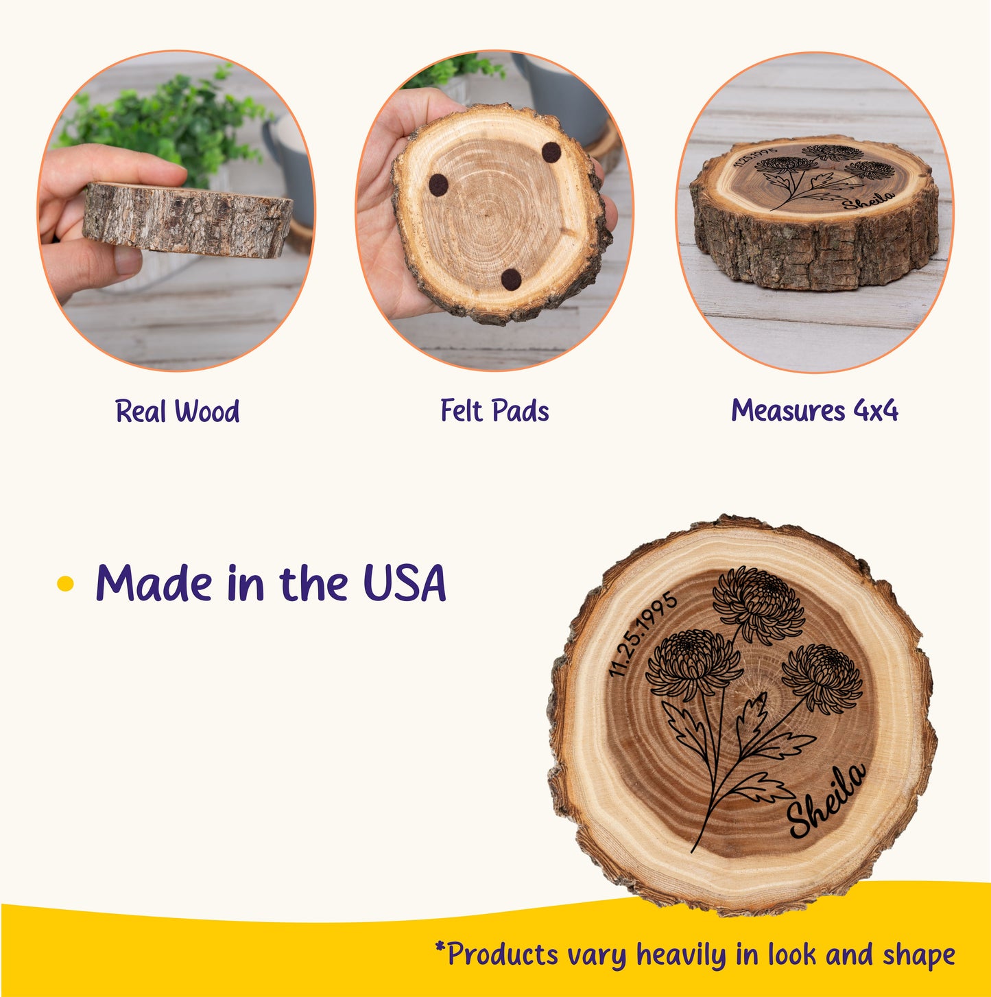 Personalized Birth Flower November Coaster, Real Wood Birth Month Flower Gift, Made in USA Birthday Gift for Her, Girlfriend, Wife, or Mom