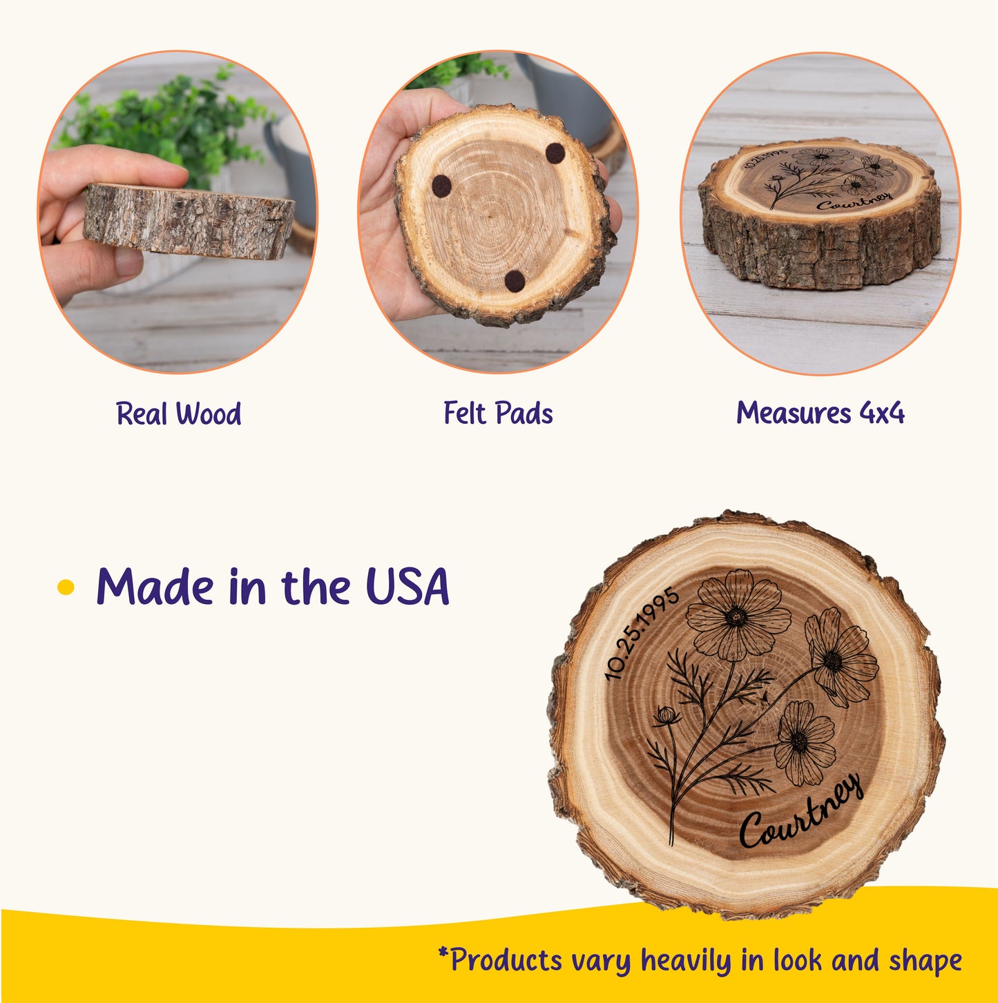 Personalized Birth Flower October Coaster, Real Wood Birth Month Flower Gift, Made in USA Birthday Gift for Her, Girlfriend, Wife, or Mom