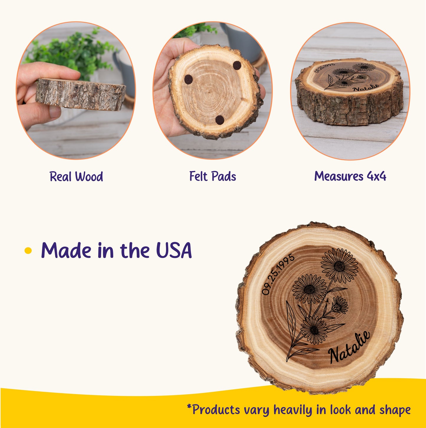 Personalized Birth Flower September Coaster, Real Wood Birth Month Flower Gift, Made in USA Birthday Gift for Her, Girlfriend, Wife, or Mom