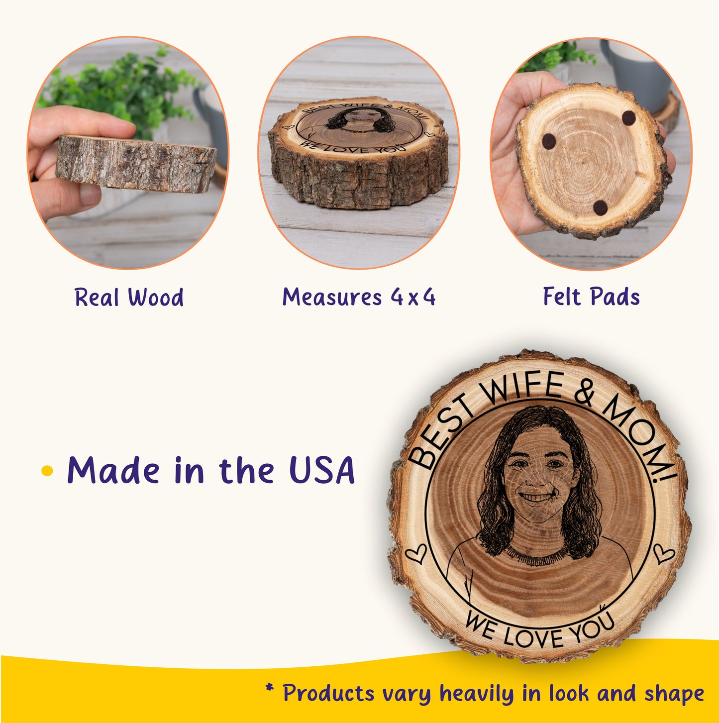 Custom Photo Engraved Wood Coaster, Personalized Gift for Couple, Family, Friends – Custom Portrait on Wood, Made in The USA, Keepsake Gift