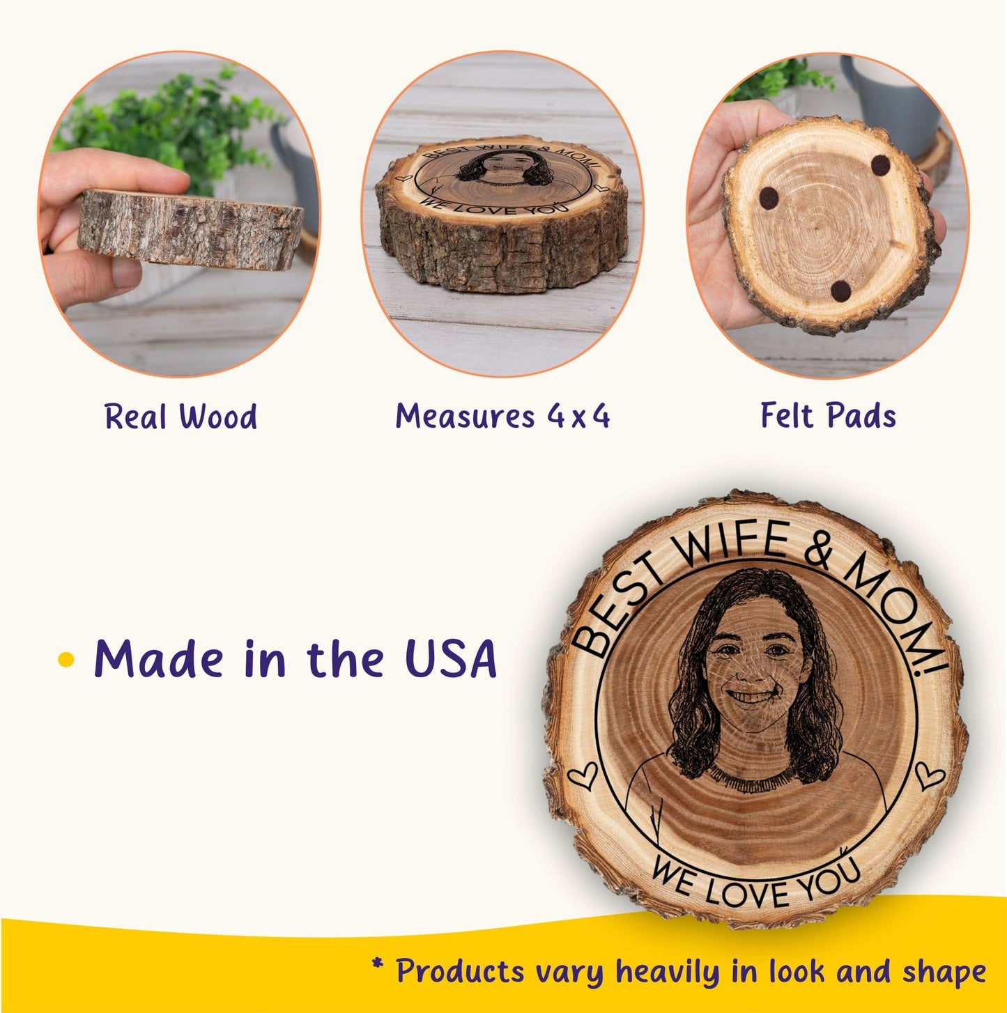 Custom Photo Engraved Wood Coaster, Personalized Gift for Couple, Family, Friends – Custom Portrait on Wood, Made in The USA, Keepsake Gift - Apparel & Accessories - Aylev