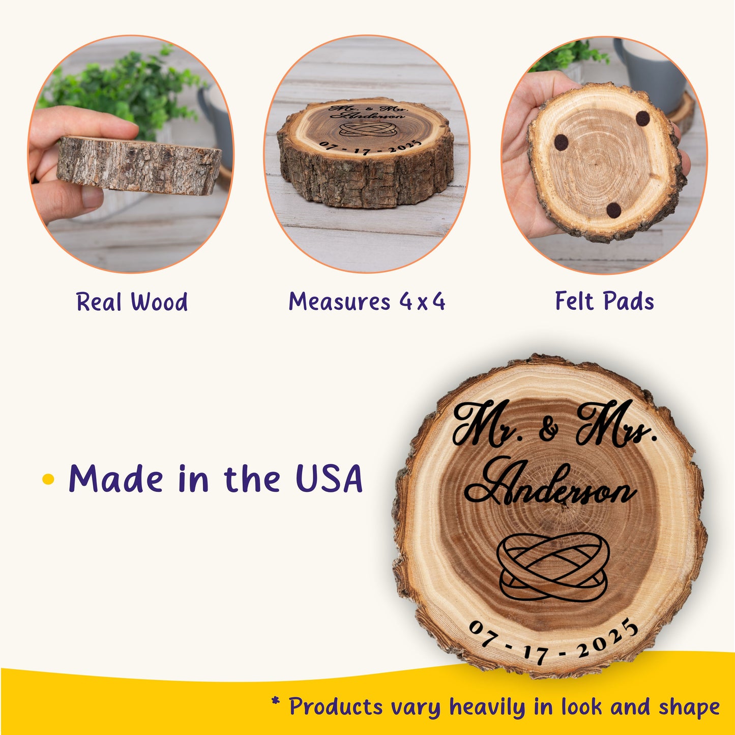 Wedding Coaster Set, Real Wood Coasters, Made in The USA, Wedding Guest Coasters, Personalized Wood Coaster Set, Custom Wedding Coasters