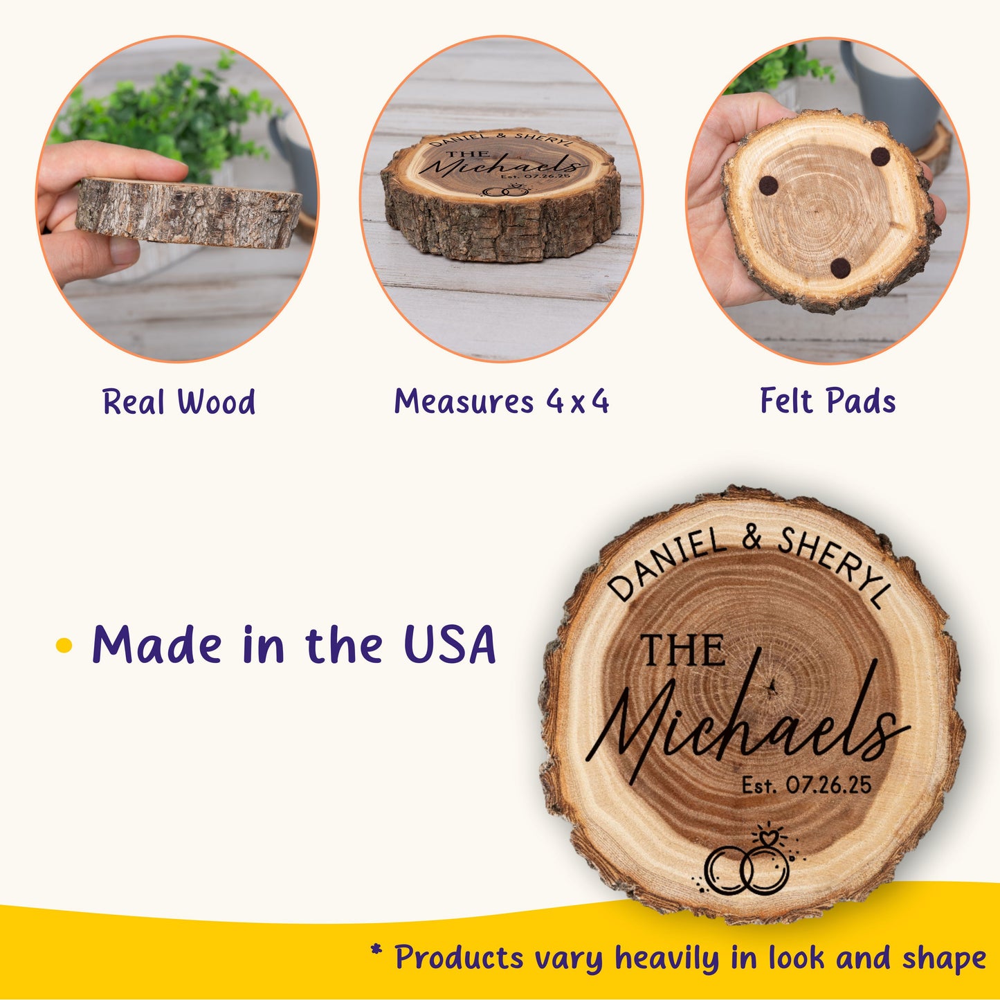 Wedding Coaster Set, Real Wood Coasters, Made in The USA, Wedding Guest Coasters, Personalized Wood Coaster Set, Custom Wedding Coasters