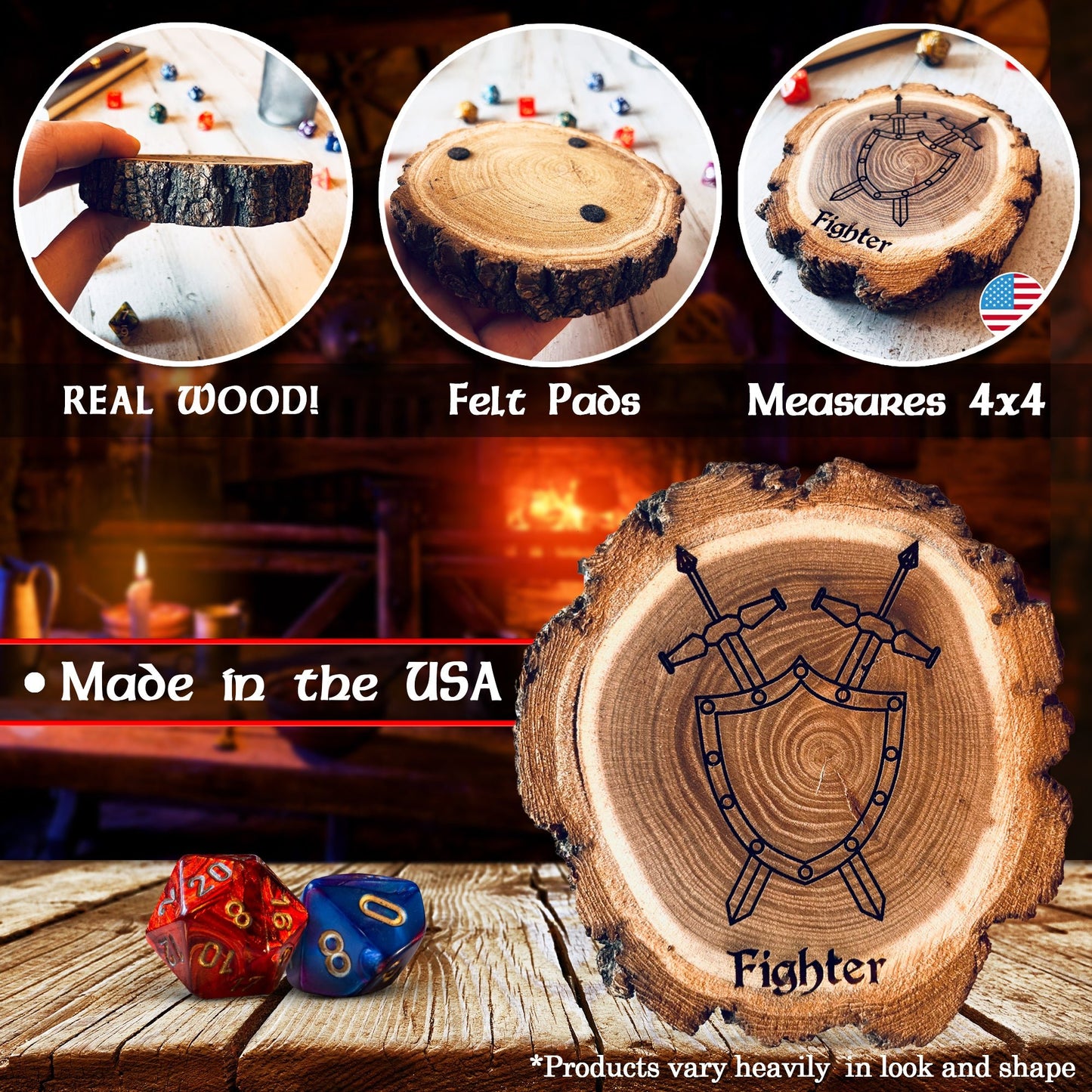 Dungeons and Dragons Real Wood Fighter DnD Coaster, DnD Accessories, DnD Gift for Men, DnD Stuff, D&D Gifts - Apparel & Accessories - Aylev