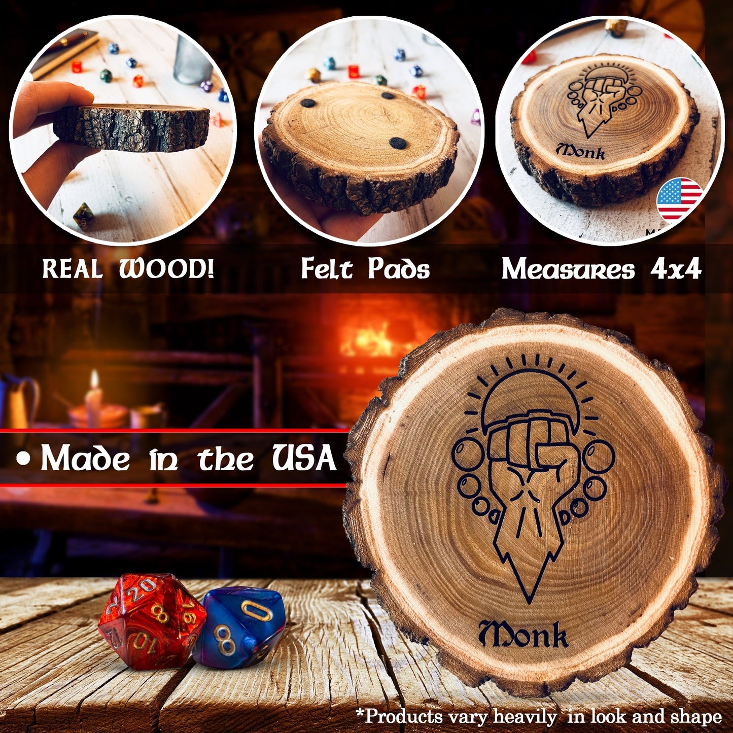 Dungeons and Dragons Real Wood Monk DnD Coaster, DnD Accessories, DnD Gift for Men, DnD Stuff, D&D Gifts - Apparel & Accessories - Aylev