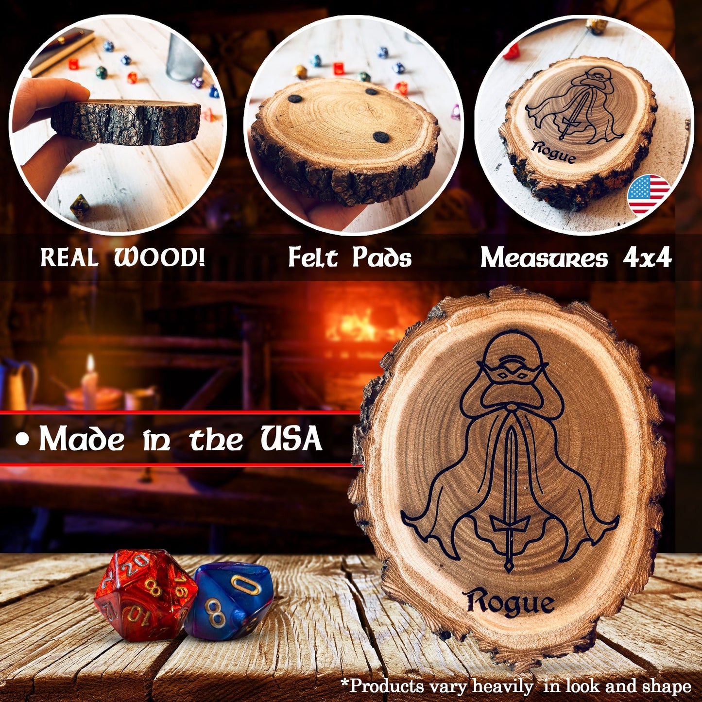 Dungeons and Dragons Real Wood Rogue DnD Coaster, DnD Accessories, DnD Gift for Men, DnD Stuff, D&D Gifts - Apparel & Accessories - Aylev