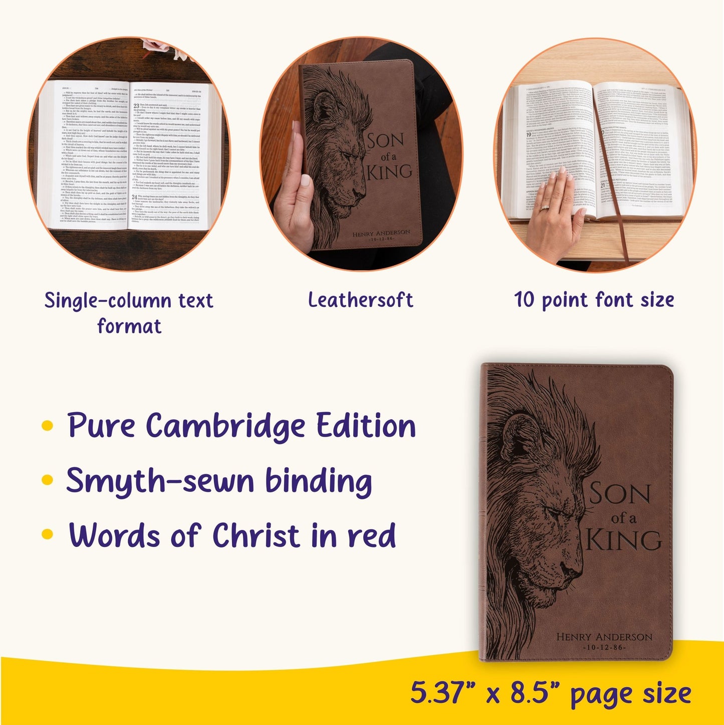 Personalized KJV Single - Column Bible, Son of a King Lion Design, Custom Engraved Name, Christian Gift, Baptism Gift, Bible Gift for Him - Religious Books - Aylev