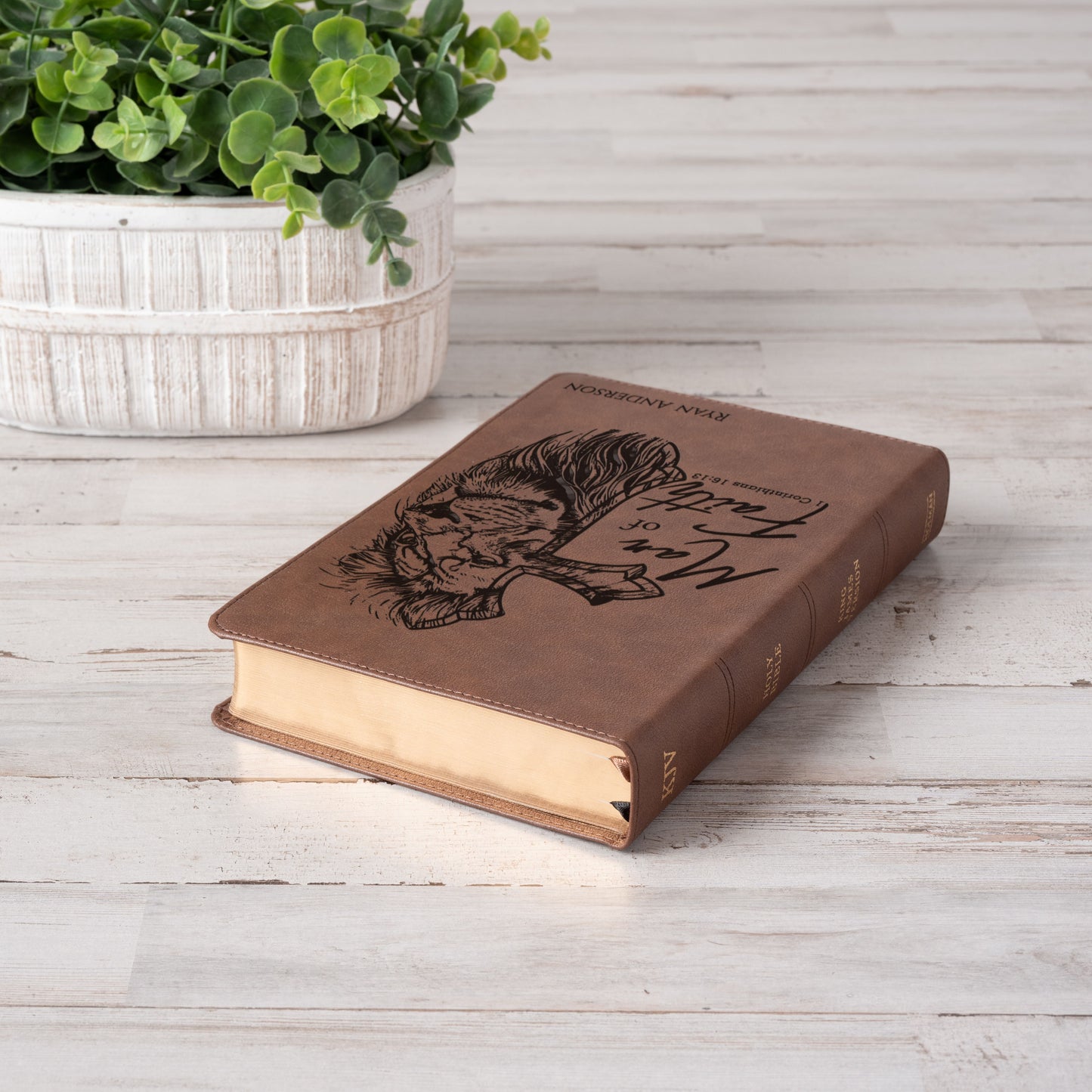 Personalized KJV Single-Column Bible, Custom Bible Engraved Name, Man of Faith Lion Design, Christian Gift, Baptism Gift, Bible Gift for Him