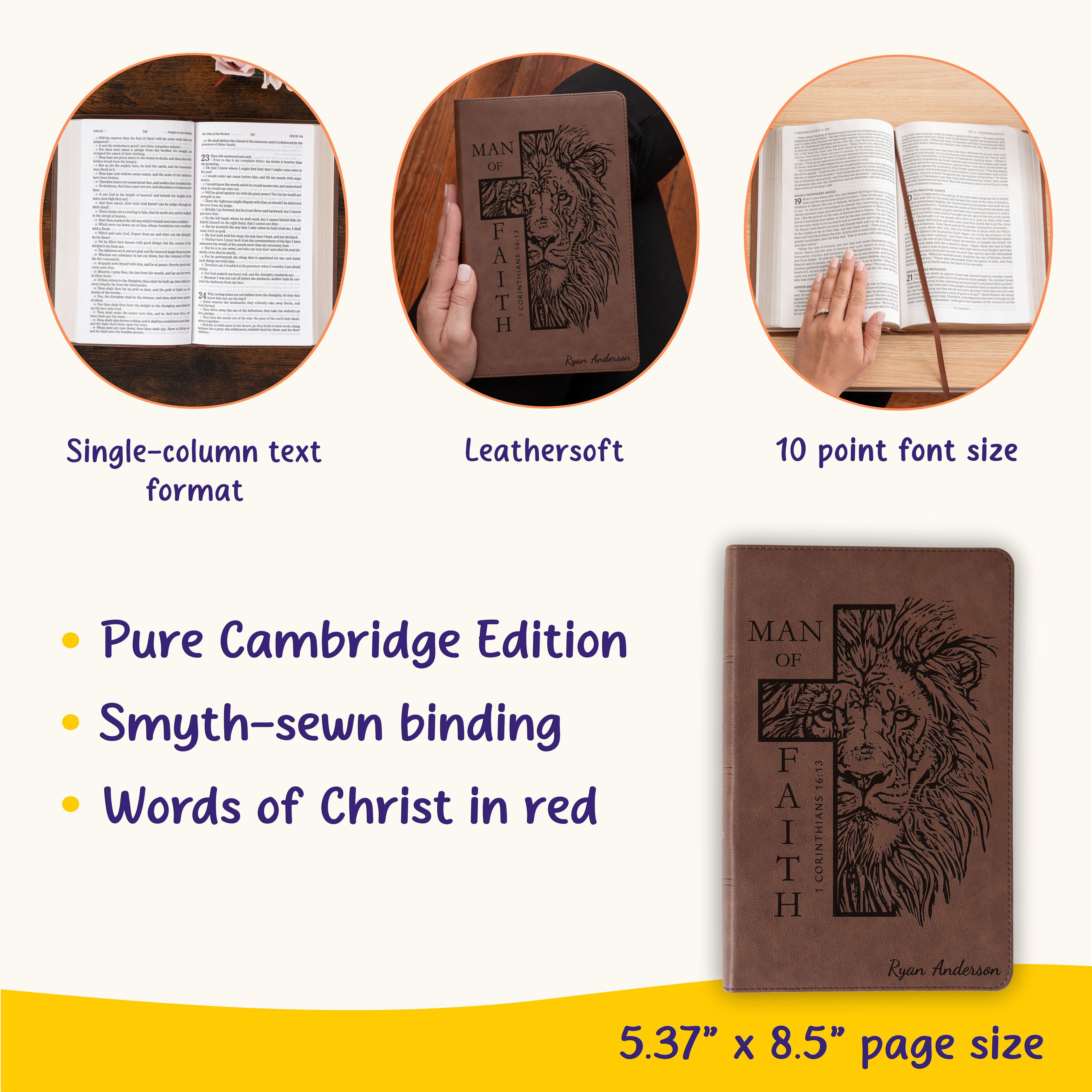 Personalized KJV Single-Column Bible, Custom Bible Engraved Name, Man of Faith Lion Design, Christian Gift, Baptism Gift, Bible Gift for Him