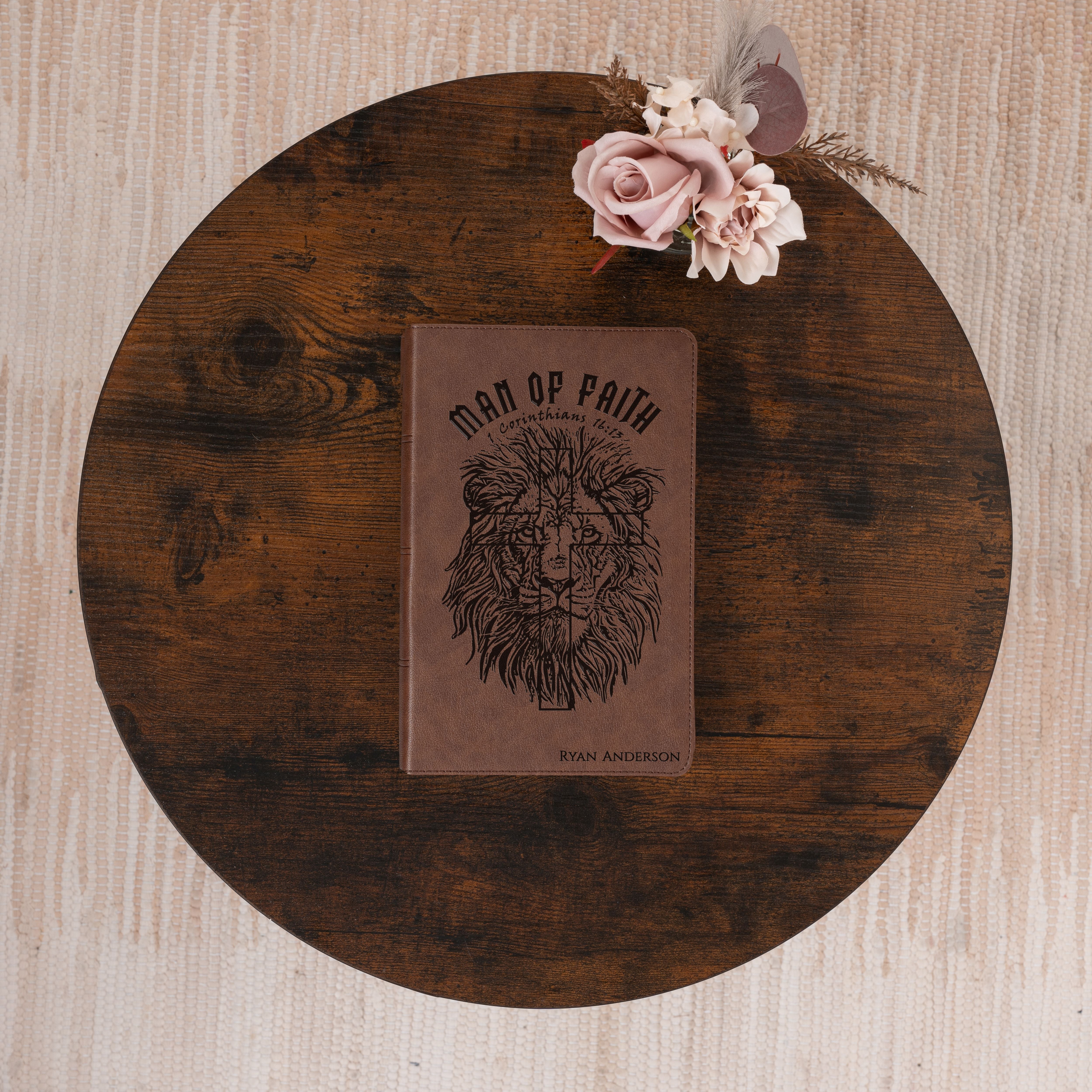 Personalized KJV Single-Column Bible, Custom Bible Engraved Name, Man of Faith Lion Design, Christian Gift, Baptism Gift, Bible Gift for Him