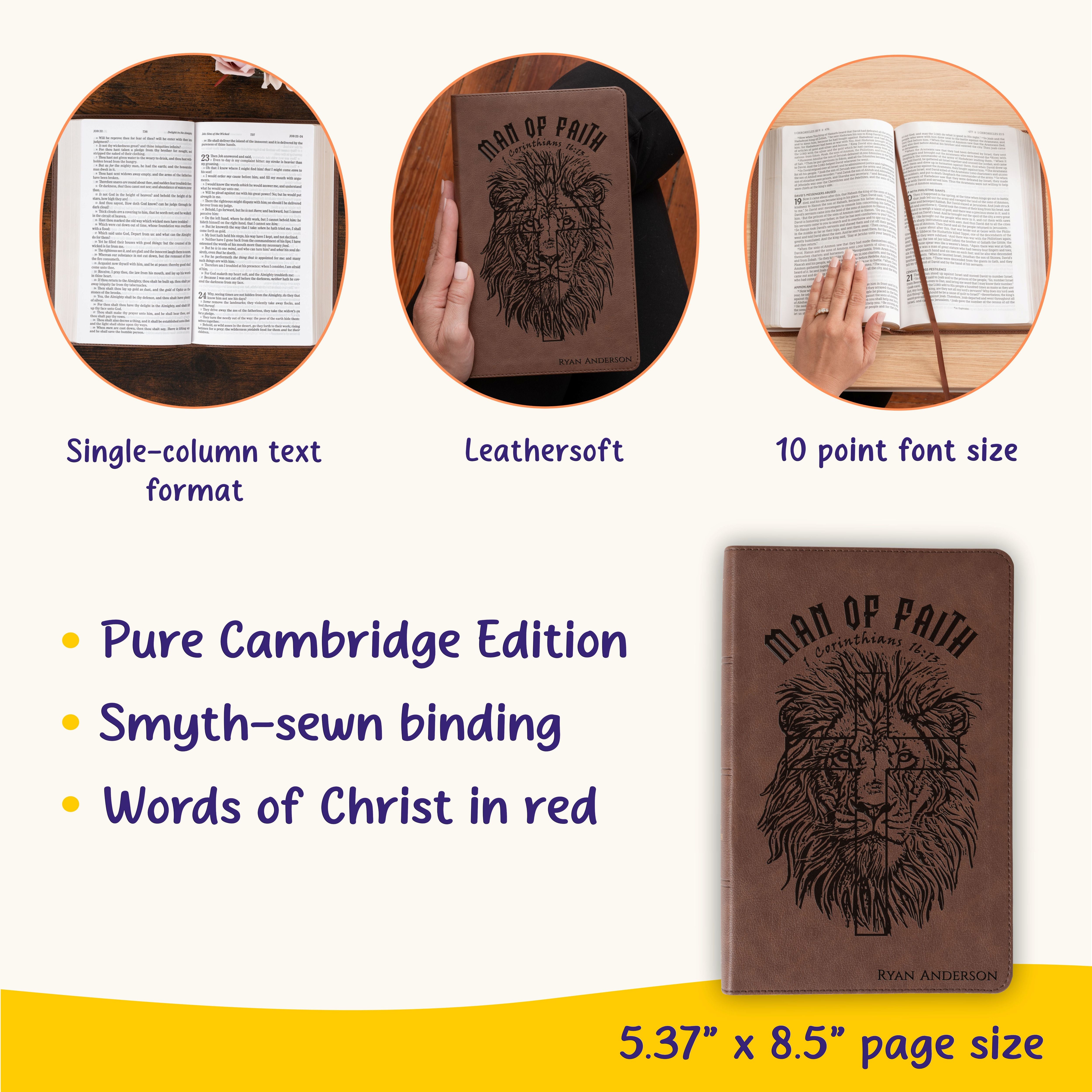 Personalized KJV Single-Column Bible, Custom Bible Engraved Name, Man of Faith Lion Design, Christian Gift, Baptism Gift, Bible Gift for Him