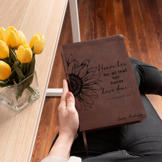 Personalized ESV Wide - Margin Bible, Reference Red Letter Edition, Sunflower Design, Custom Engraved Name, Christian & Baptism Gift for women - Religious Books - Aylev