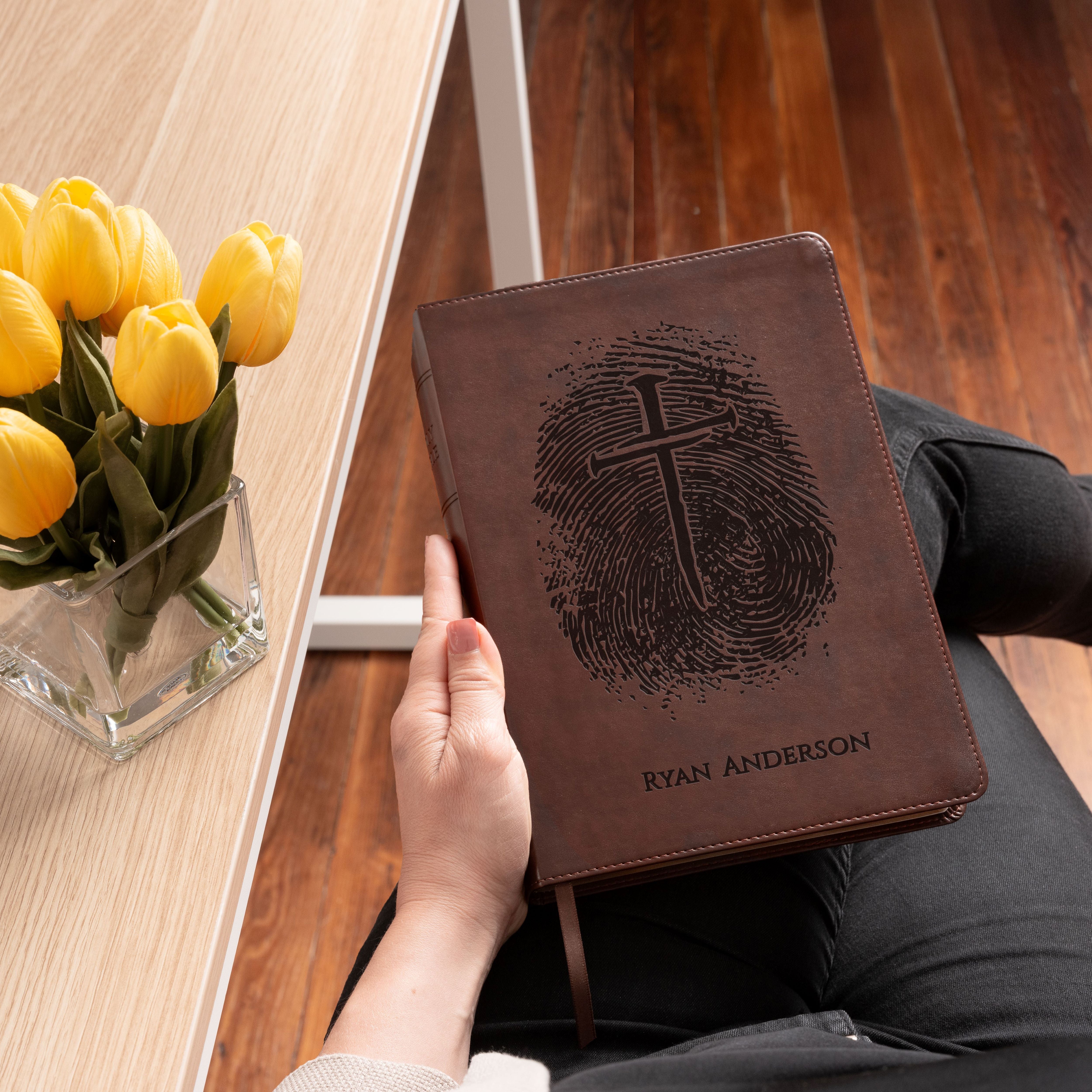 Personalized ESV Bible, Custom Engraved Fingerprint & Cross Bible with Name, ESV Wide Margin Bible, Gift for Baptism, Wedding, Confirmation