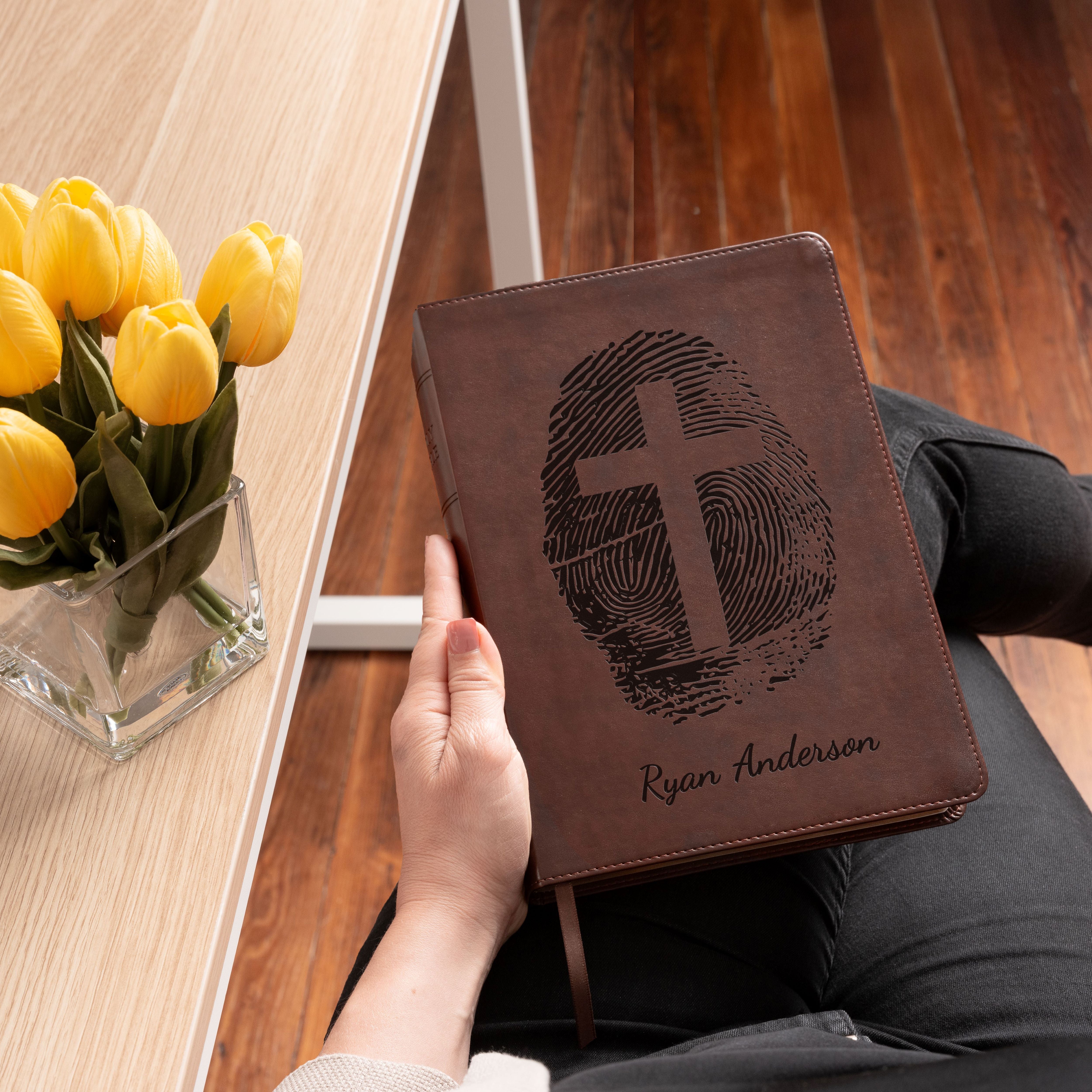 Personalized ESV Bible, Custom Engraved Fingerprint & Cross Bible with Name, ESV Wide Margin Bible, Gift for Baptism, Wedding, Confirmation