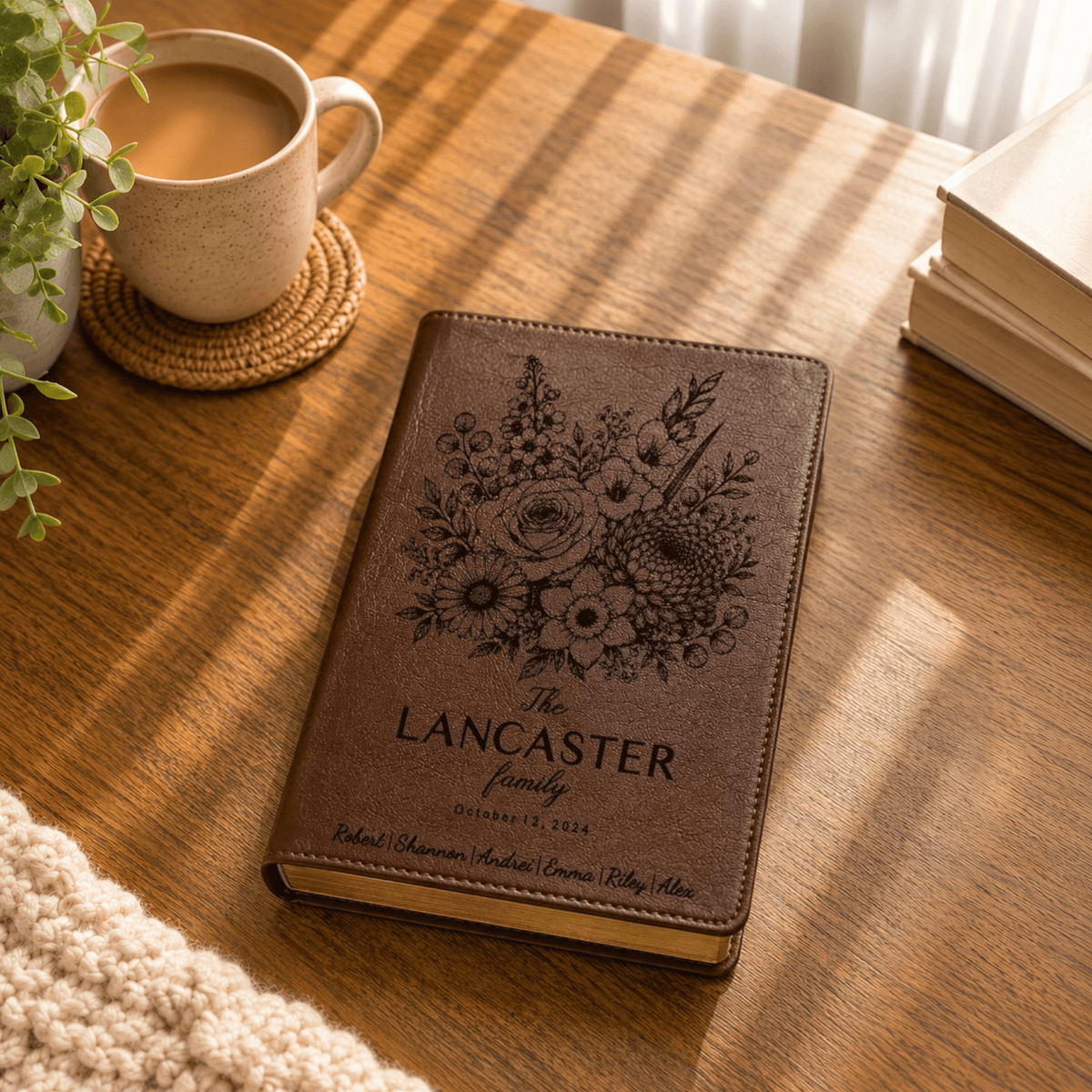 Personalized NLT Family Bible, Custom Engraved Name, Birth Month Flower Bouquet, Large Print Red Letter Bible, Wedding Christian Gift - Religious Books - Aylev