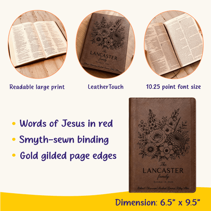 Personalized NLT Family Bible, Custom Engraved Name, Birth Month Flower Bouquet, Large Print Red Letter Bible, Wedding Christian Gift - Religious Books - Aylev