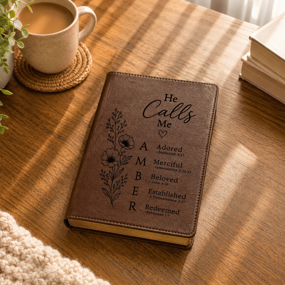 Personalized NLT Large Print Bible, Red Letter, Custom Engraved Acrostic Name with Verse Reference, He Calls Me Floral Design, Gift for Her - Religious Books - Aylev