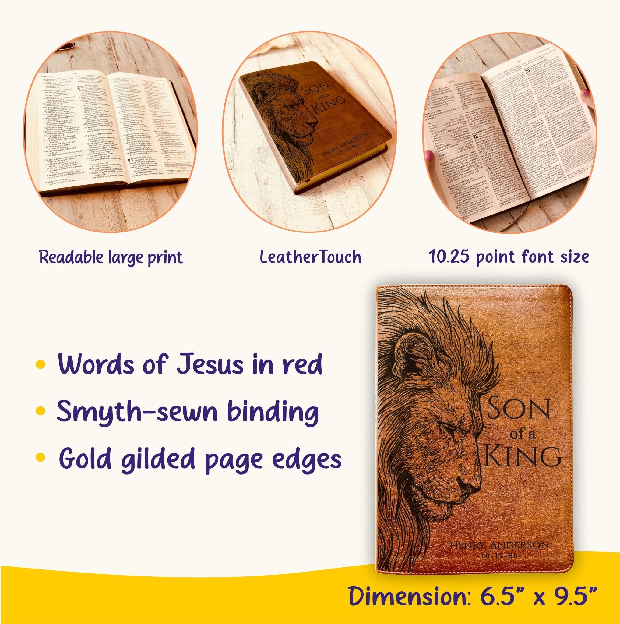 Personalized NLT Large Print Bible, Son of a King Lion Design, Custom Engraved Name, Christian Gift, Baptism Gift, Bible Gift for Him - Religious Books - Aylev