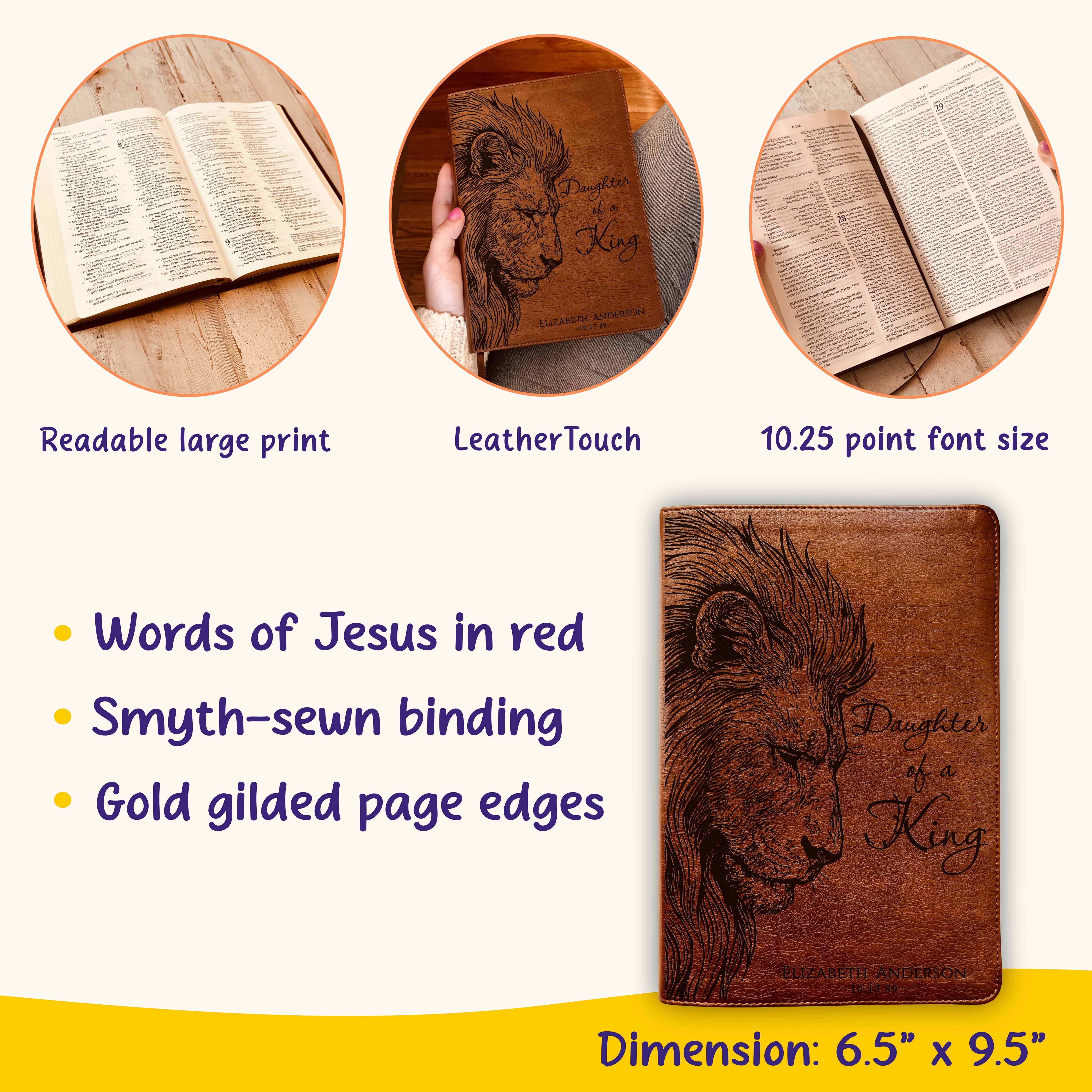 Personalized NLT Reference Bible, Daughter of a King Lion Design, Custom Engraved Name, Christian Gift, Baptism Gift, Bible Gift for Her