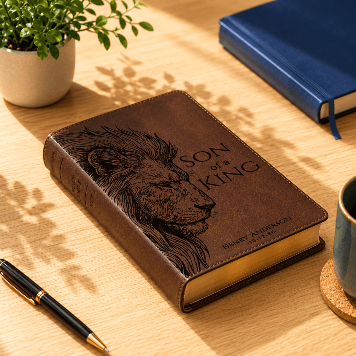 Personalized NLT Giant Print Bible, Custom Lion Design with Engraved Name, New Living Translation, Christian Baptism Gift for men - Religious Books - Aylev