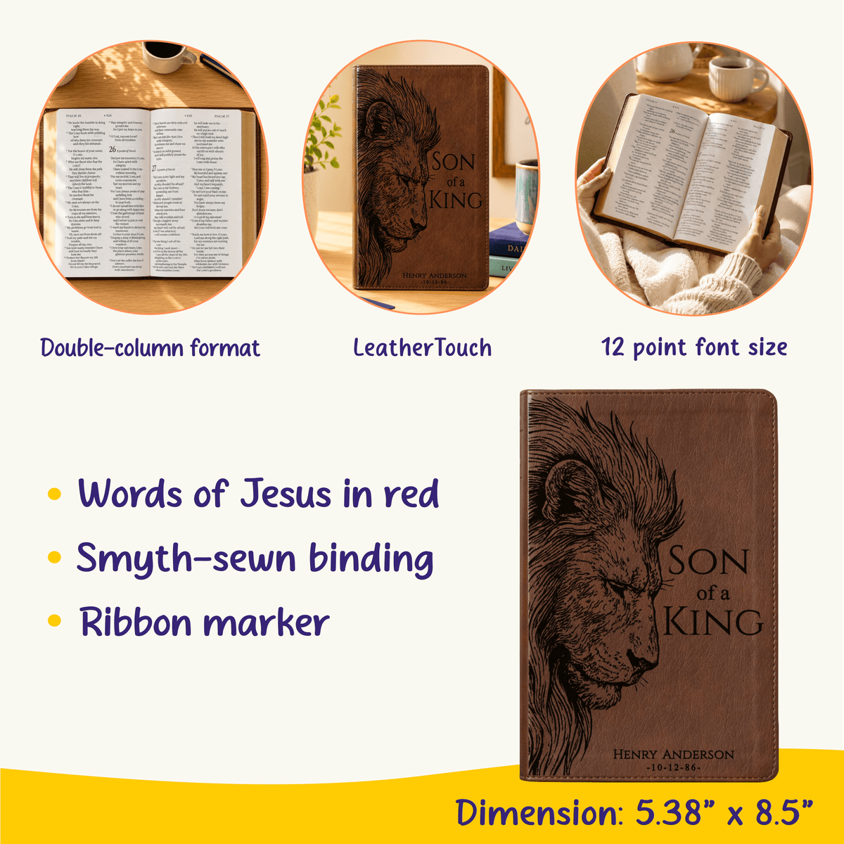 Personalized NLT Giant Print Bible, Custom Lion Design with Engraved Name, New Living Translation, Christian Baptism Gift for men - Religious Books - Aylev