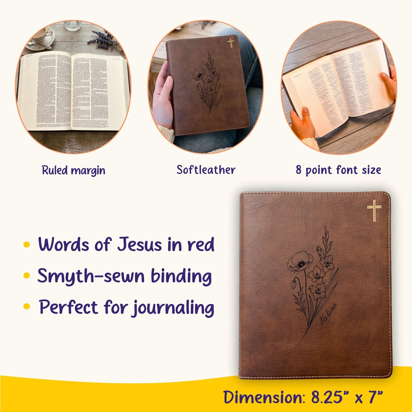 Personalized NIV Journaling Bible, Wide Margin Red Letter Bible, Custom Engraved Name, August Birth Flower, Christian Gift for Women - Religious Books - Aylev