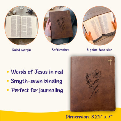 Personalized NIV Journaling Bible, Wide Margin Red Letter Bible, Custom Engraved Name, February Birth Flower, Christian Gift for Women - Religious Books - Aylev