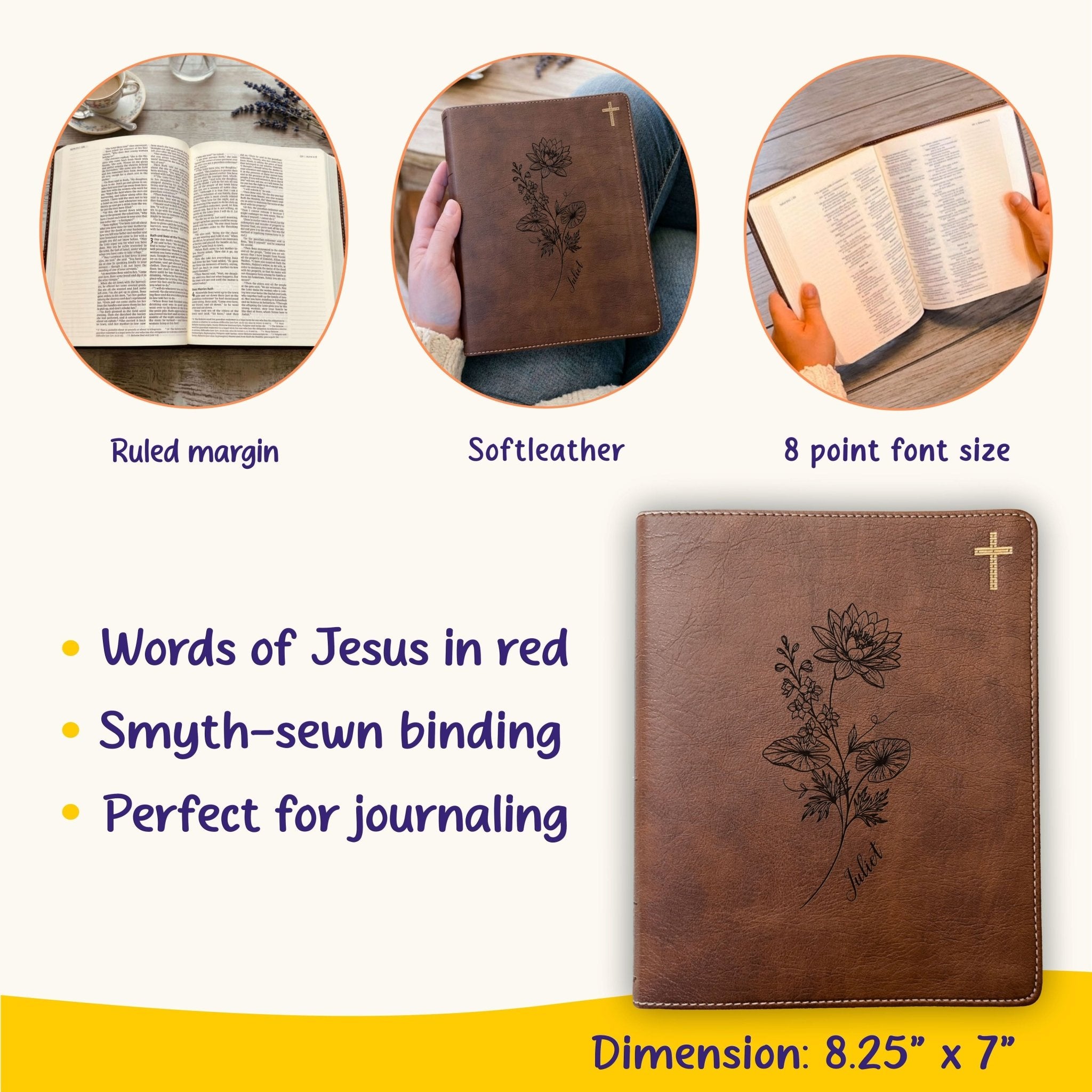 Personalized NIV Journaling Bible, Wide Margin Red Letter Bible, Custom Engraved Name, July Birth Flower, Christian Gift for Women - Religious Books - Aylev