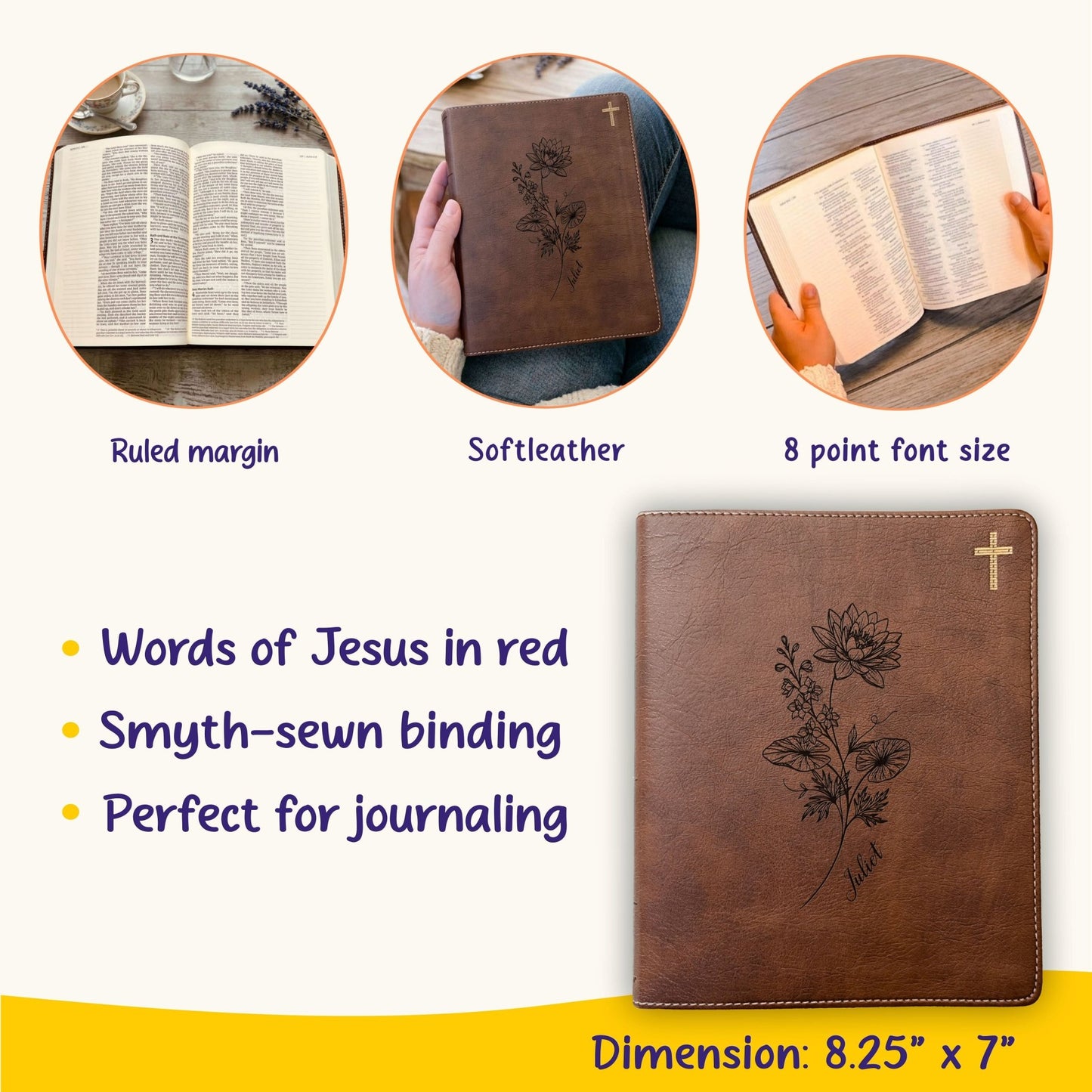 Personalized NIV Journaling Bible, Wide Margin Red Letter Bible, Custom Engraved Name, July Birth Flower, Christian Gift for Women - Religious Books - Aylev