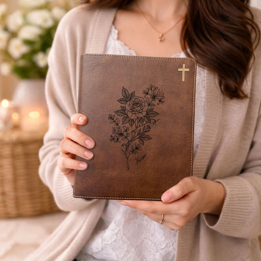Personalized NIV Journaling Bible, Wide Margin Red Letter Bible, Custom Engraved Name, June Birth Flower, Christian Gift for Women - Religious Books - Aylev